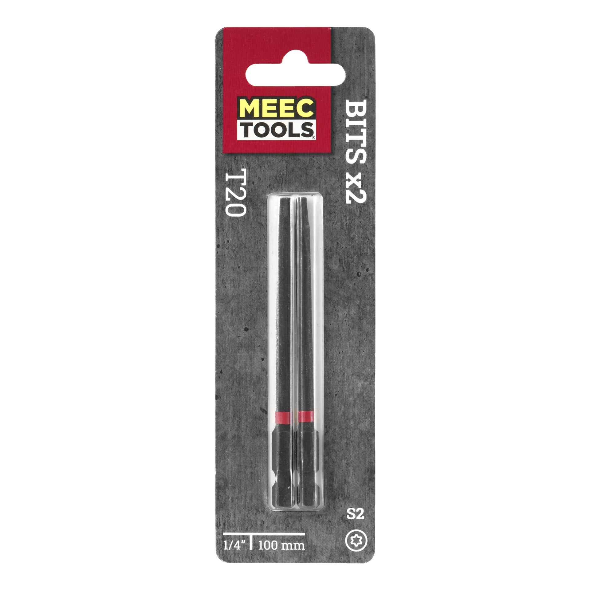 Ett Meec Tools Bits-paket innehåller två 100 mm skruvmejselbitar som visas sida vid sida inuti ett genomskinligt plast- och kartongpaket märkt med "BITS X2" och "S2." Förpackningen har en grå design med rött och gult accentuer.