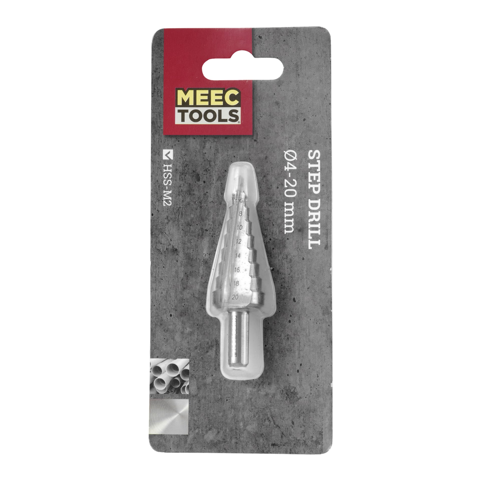 En Meec Tools stegborr för plåt visas inuti grå förpackning, vilket indikerar att den är lämplig för att borra hål från 4 till 20 mm. Den metalliska borrbiten har tydliga stegmarkeringar och är avsedd för användning med metall. Produktnamn och varumärkesdetaljer syns på förpackningen.