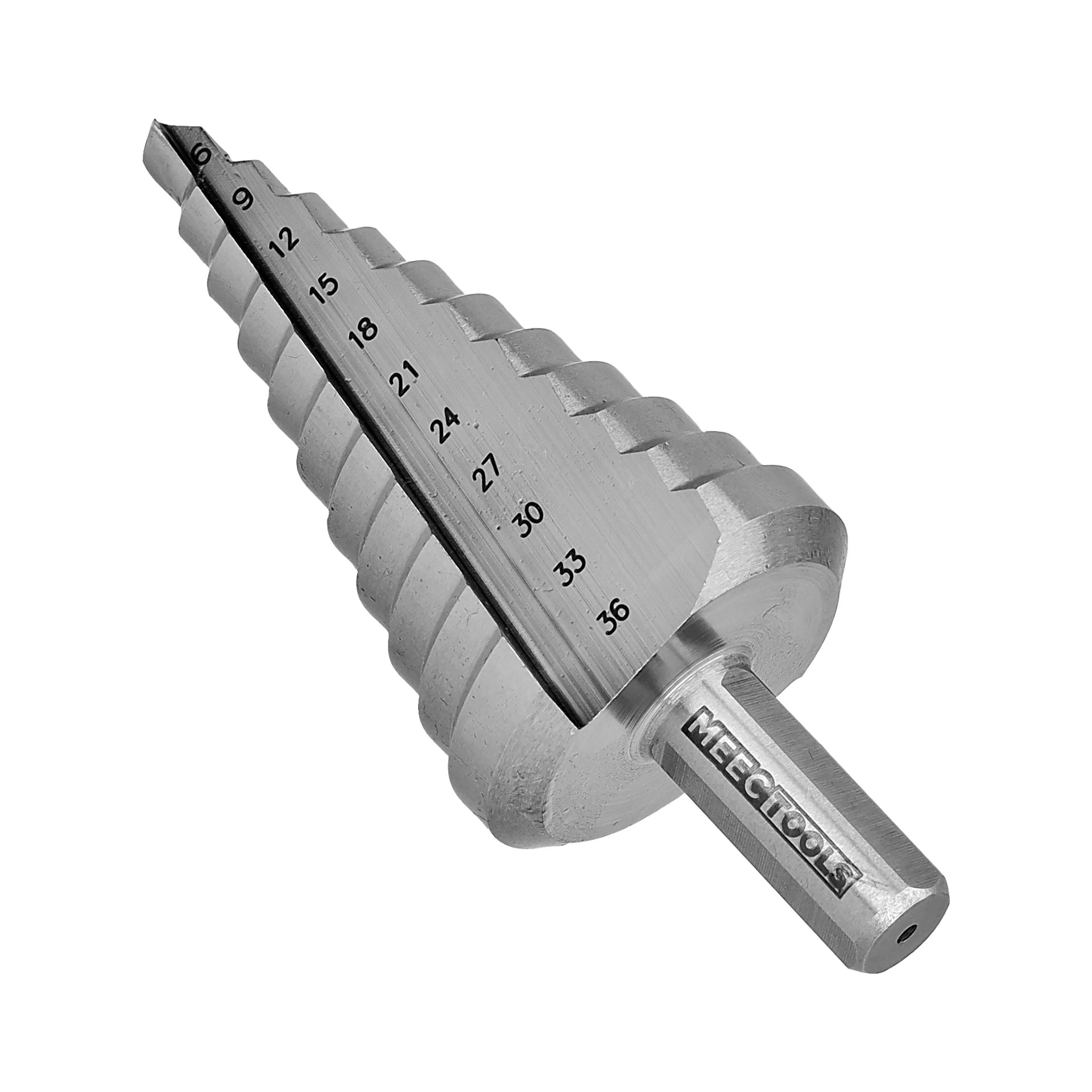 En Meec Tools stegborr designad för plåt, med sexkant, märke graverat nära basen och synliga diametermarkeringar från 6 till 36 millimeter.