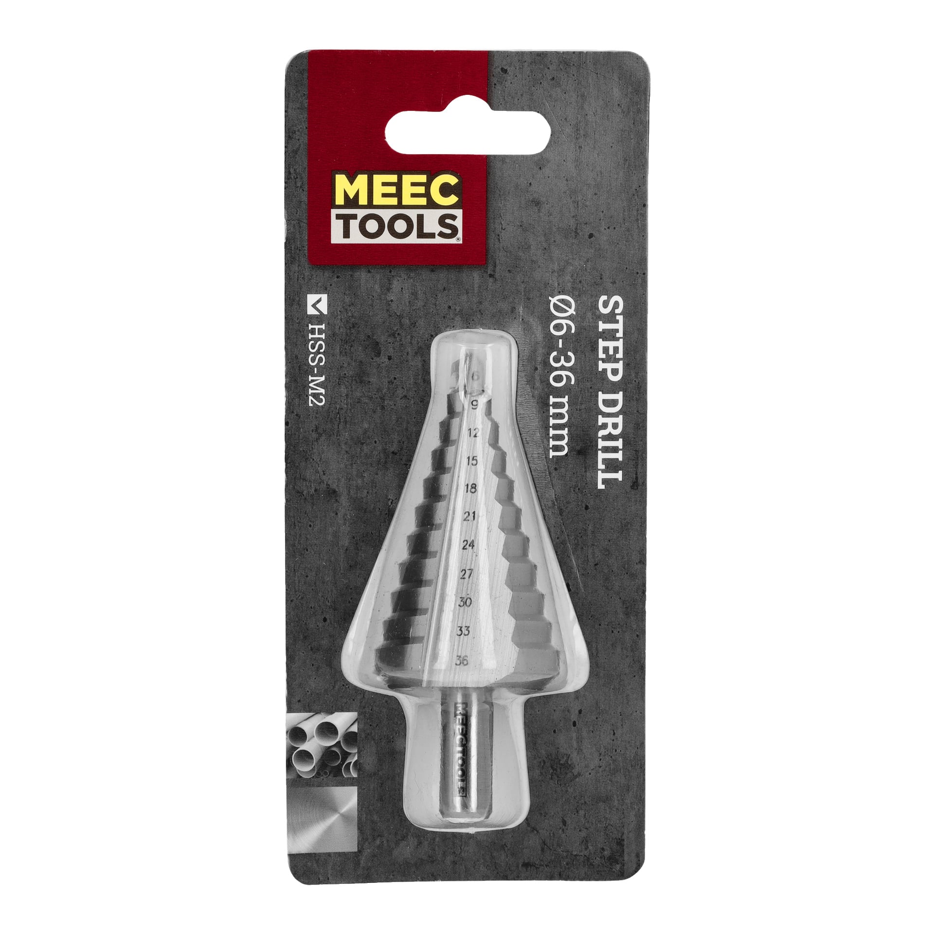 En Meec Tools Step Drill för plåt levereras med tydliga storleksmarkeringar på borren, märkt HSS M2 och 6–36 mm. Den grå förpackningen visar en bild av borrade metallrör i nedre vänstra hörnet.