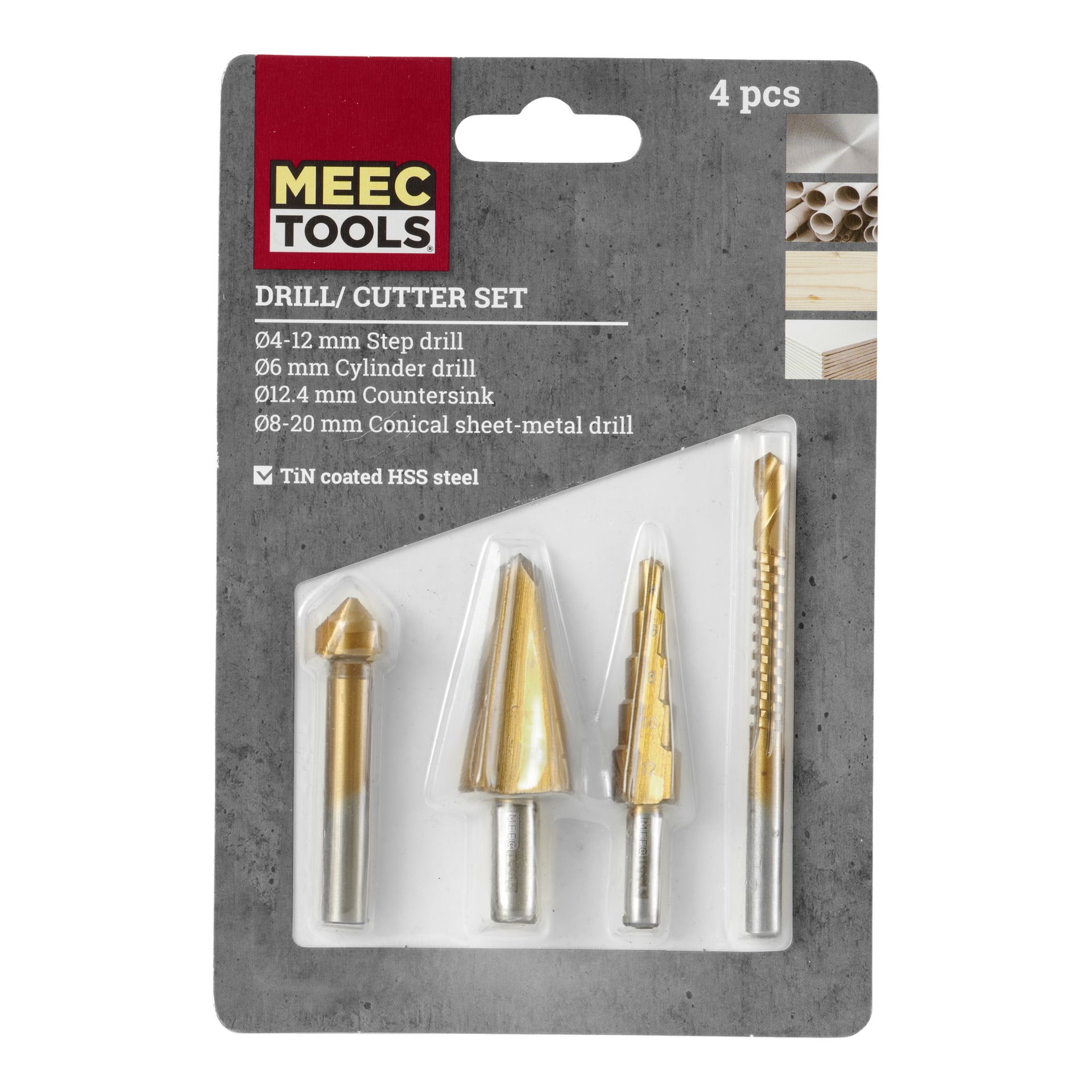 Et Meec Tools fire-delt drill- og kuttersett vist i pakken, inkludert trinnbor, sylinderbor, senker og konisk metallbor. Alle verktøy er av høyhastighetsstål med gull TiN-belegg.