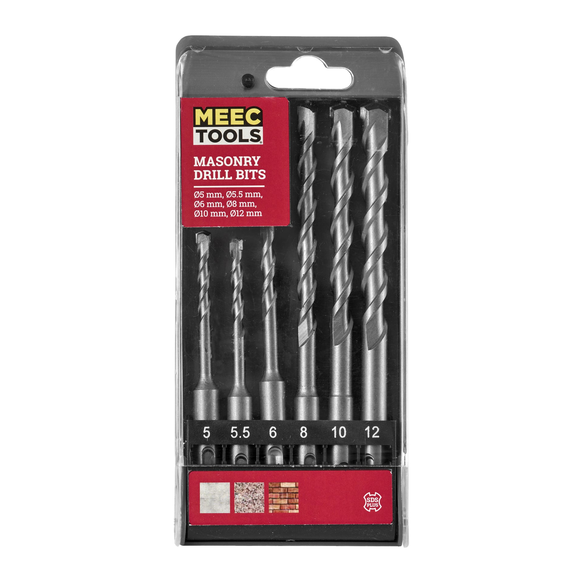 Sexdelade Meec Tools murarborrset inkluderar storlekarna 5, 5,5, 6, 8, 10 och 12 mm i ett transparent plastfodral med storleksetiketter och illustrerade materialikoner längst ner.
