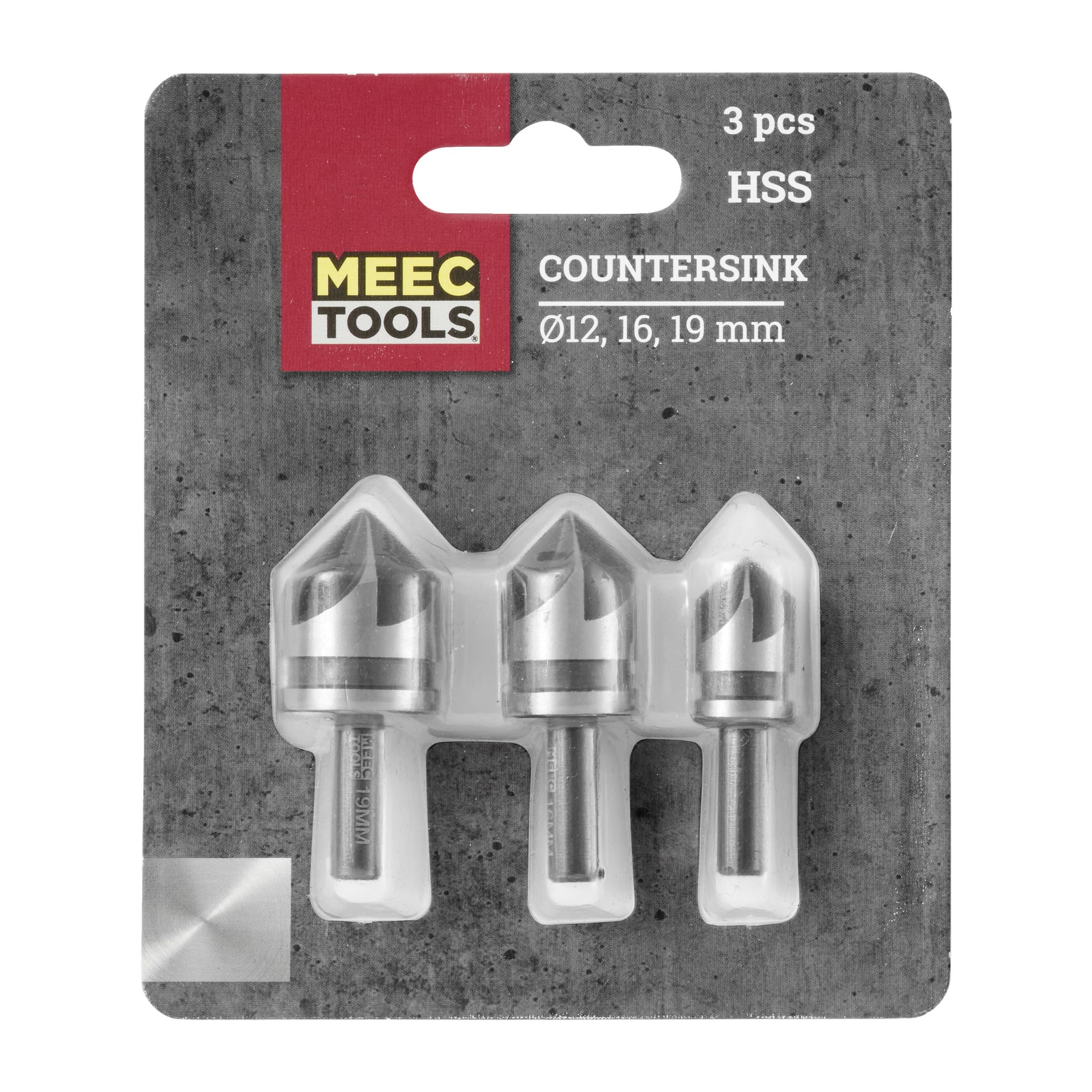 Tre Meec Tools-försänkare visas i plastförpackningar märkta "Försänkning 3 delar." Förpackningen lyder också "3 pcs HSS Countersink Ø12, 16, 19 mm" och placeras mot en yta med betongutseende.