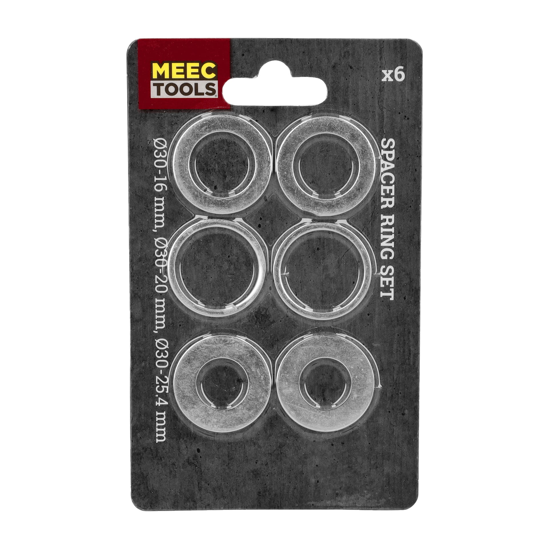 Sex Meec Tools distansringar för sågblad, i storlekarna 16 mm, 20 mm och 25,4 mm, visade i två kolumner på ett grått kort.
