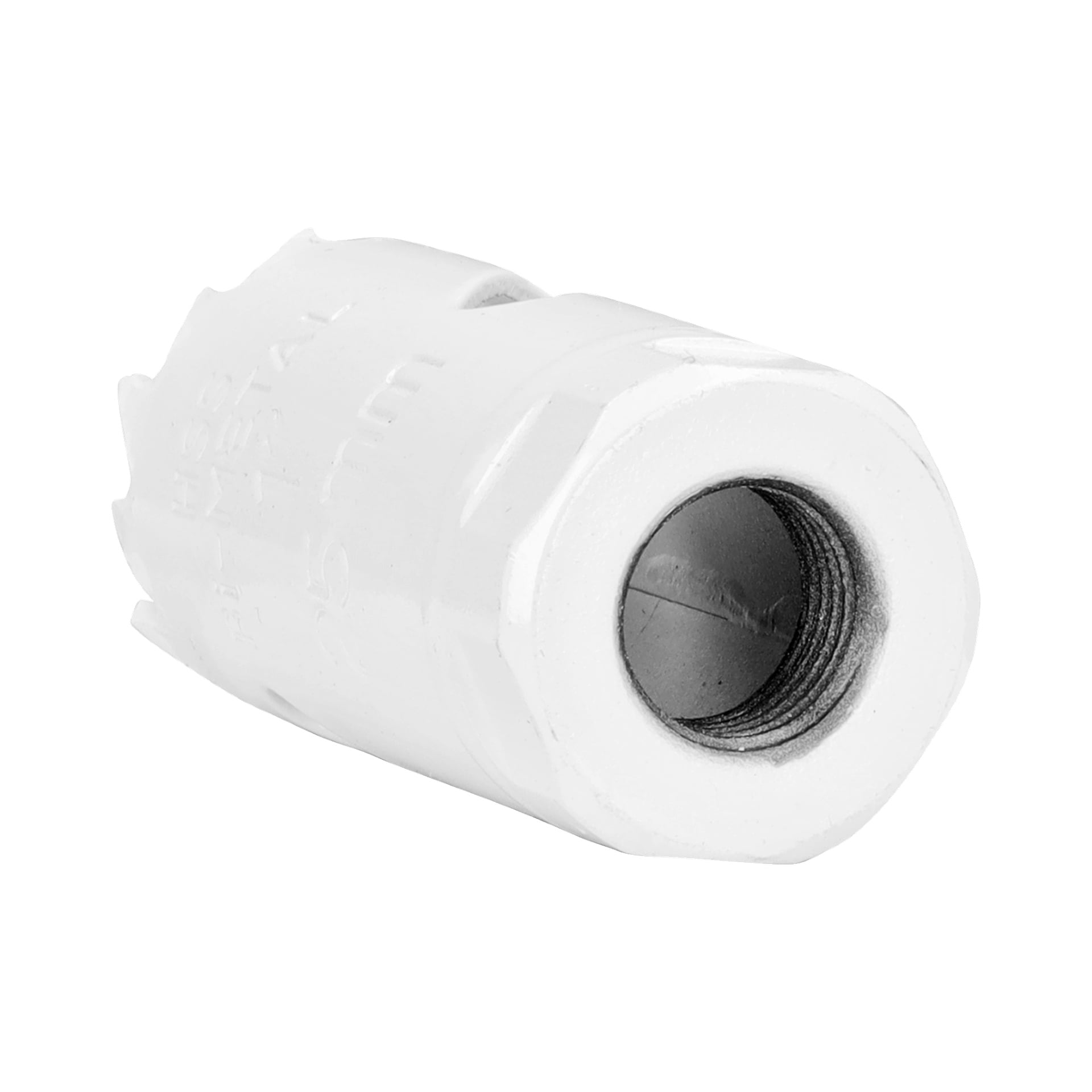 En Meec Tools hålsåg med en vit metall hexagonal kropp och synlig inre gängning.