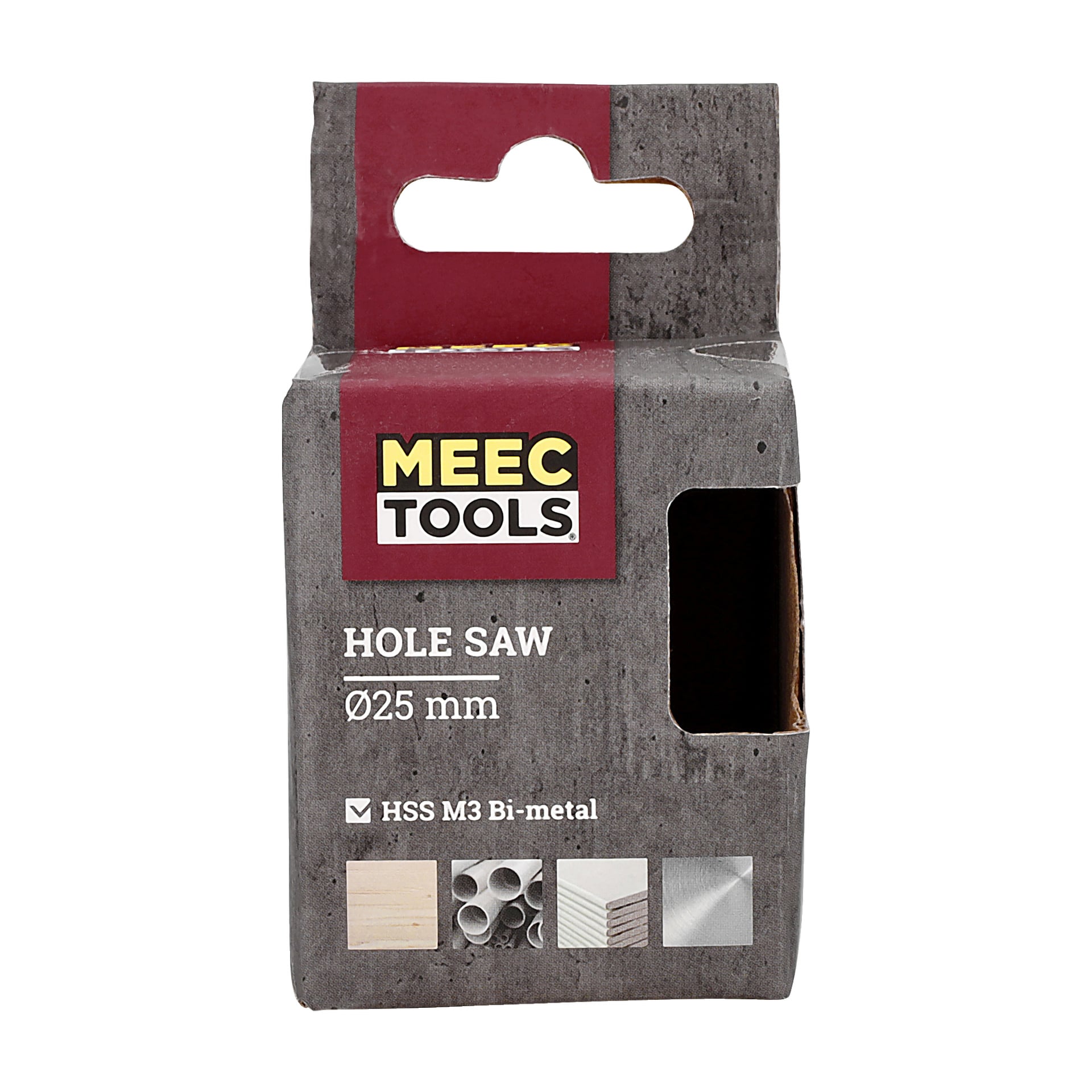 En 25 mm Meec Tools-hålsåg avsedd för skärning i trä, plast och metall. Förpackningen är grå med en röd flik och visar ikoner som illustrerar lämpliga material. En del av lådan tas bort för att göra verktyget synligt inuti.