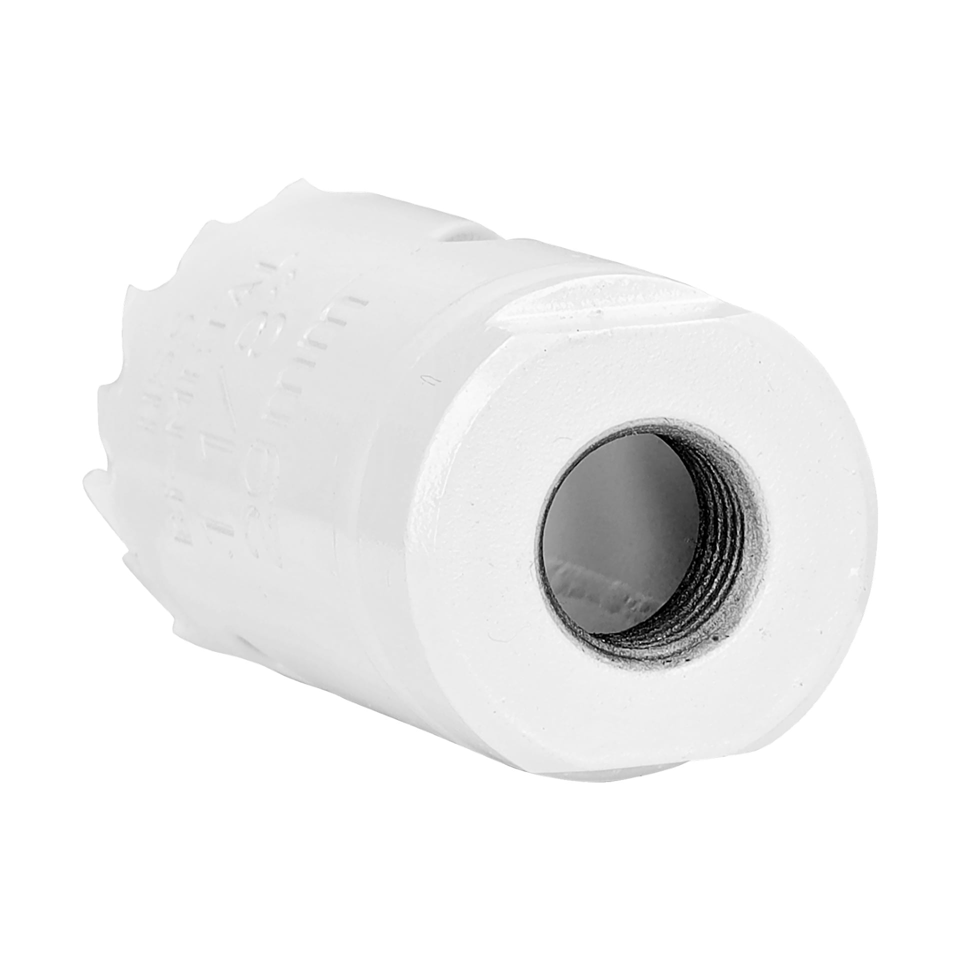 En cylindrisk vit Meec Tools-hålsåg med bimetallkonstruktion och gängad ände för att fästa till en borrmaskin, avsedd för att göra runda hål i trä eller metall.