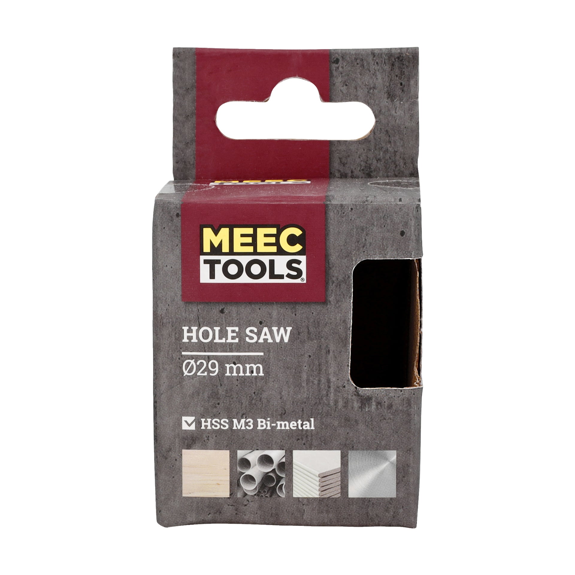 En grå låda med röd topp och inbyggd handtagsspår visar Meec Tools Hole Saw, Ø29 mm etikett. Ikoner på framsidan visar att den kan användas för trä, rör, plast och metall. Ett klart fönster i förpackningen avslöjar delvis hålsågsverktyget inuti.