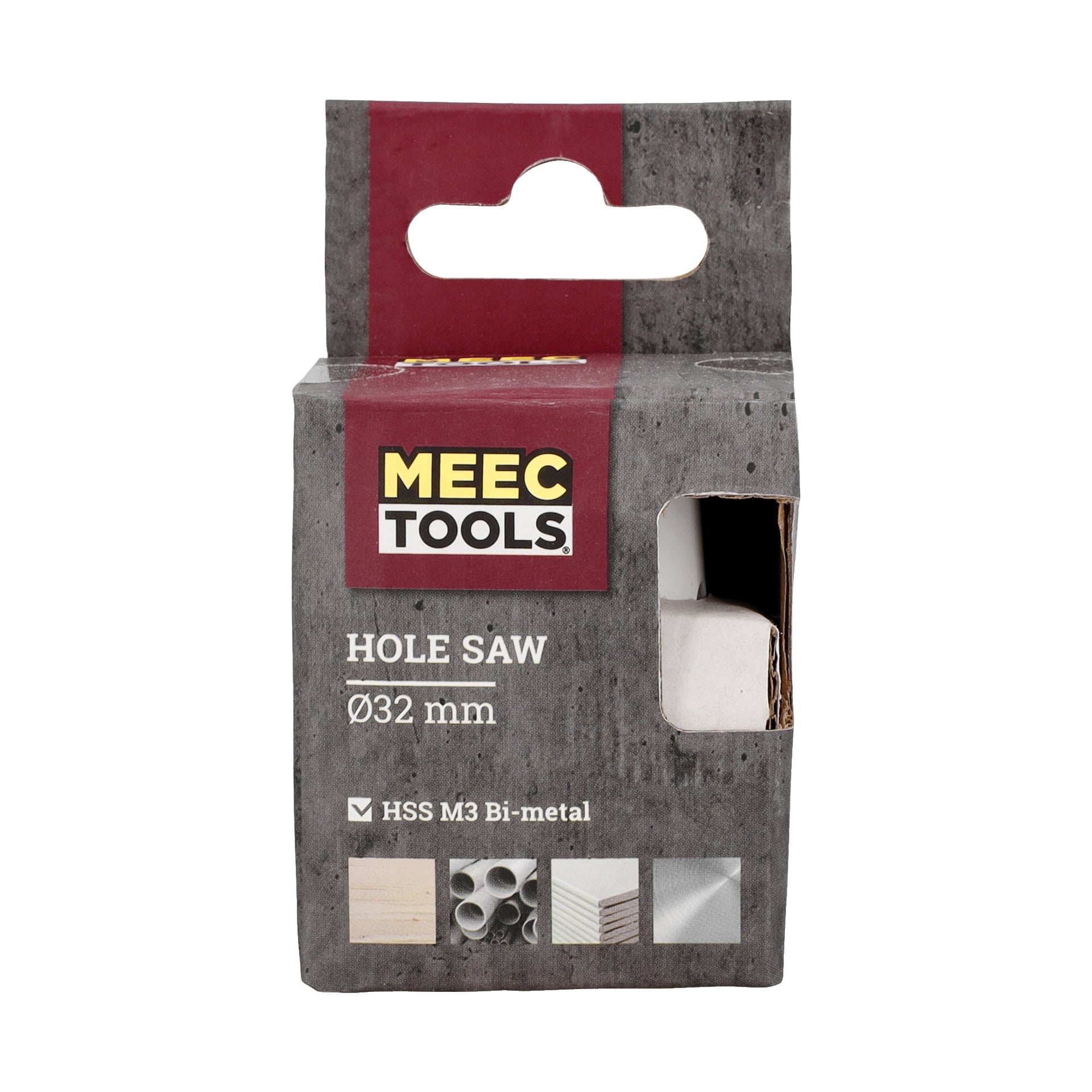 En 32 mm Meec Tools hålsåg tillverkad av HSS M3 bimetall är förpackad i grå förpackning med ett fönster som visar verktyget inuti och bilder som visar dess användning på trä, rör och metallplåtar.