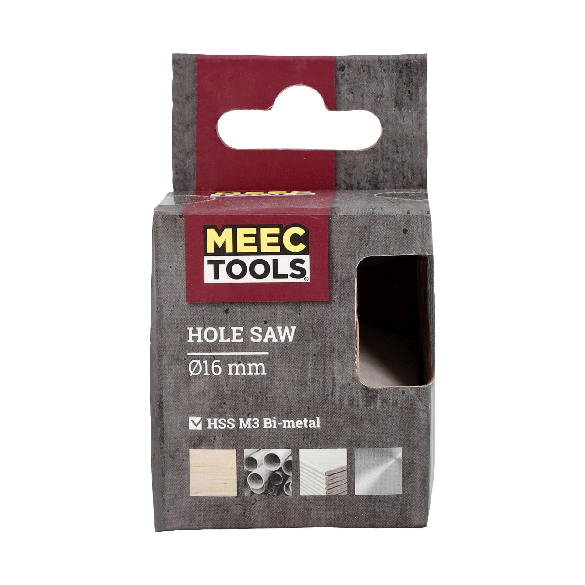 En kartong märkt av Meec Tools rymmer en 16 mm hålsåg. Olika ikoner på förpackningen visar att den kan skära igenom trä, plast, rör och metall. Det finns ett utskuret i lådan som visar en del av hålsågen.