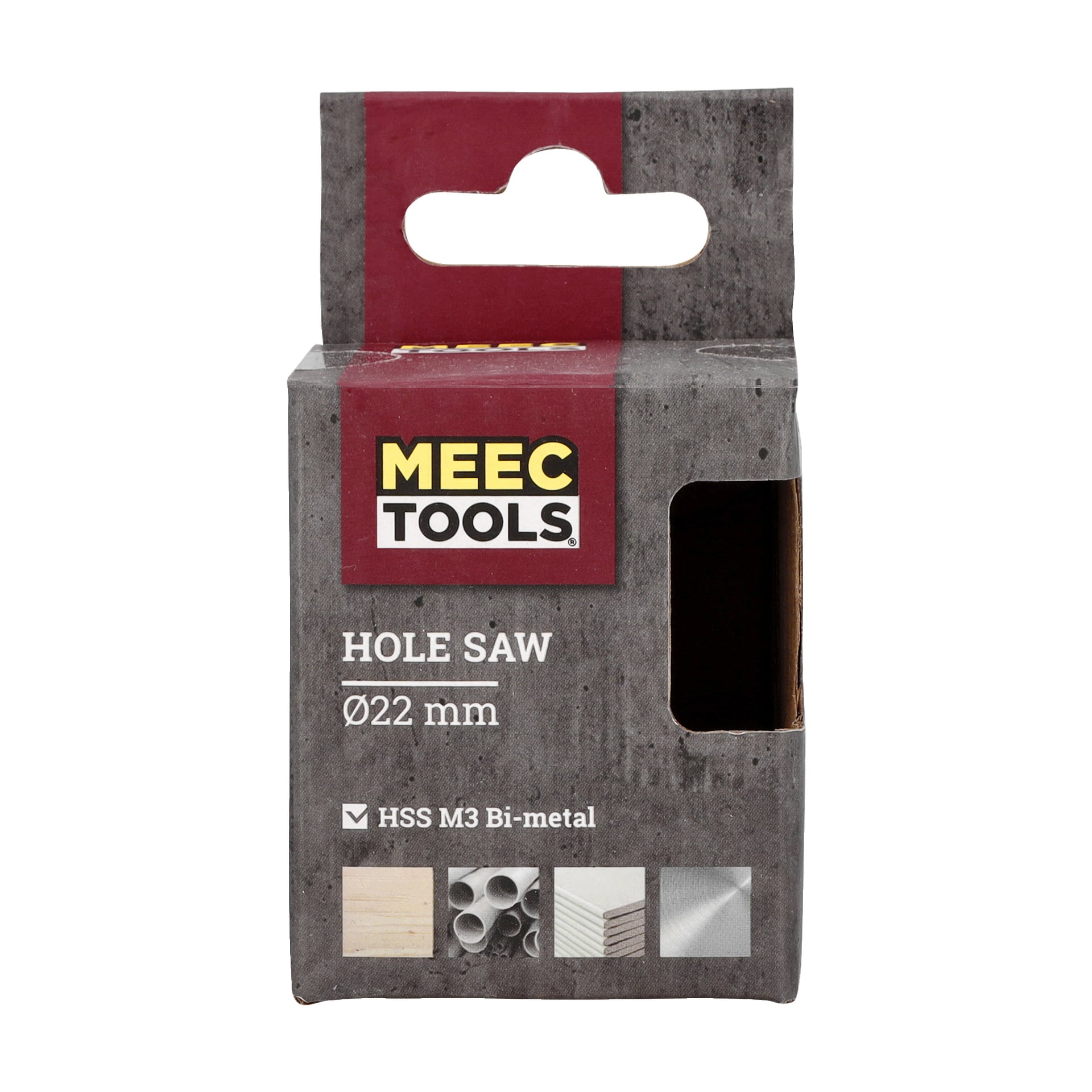 Eine Pappschachtel mit der Aufschrift "Meec Tools Hole Saw Ø22 mm HSS M3 Bi-metal" ist zu sehen. Die Verpackung zeigt Symbole, die zeigen, dass es für Holz, Kunststoffrohre, Metall und Blechmaterialien verwendet werden kann. Ein Fenster auf der rechten Seite der Kiste zeigt das Loch, das darin gesägt wurde.