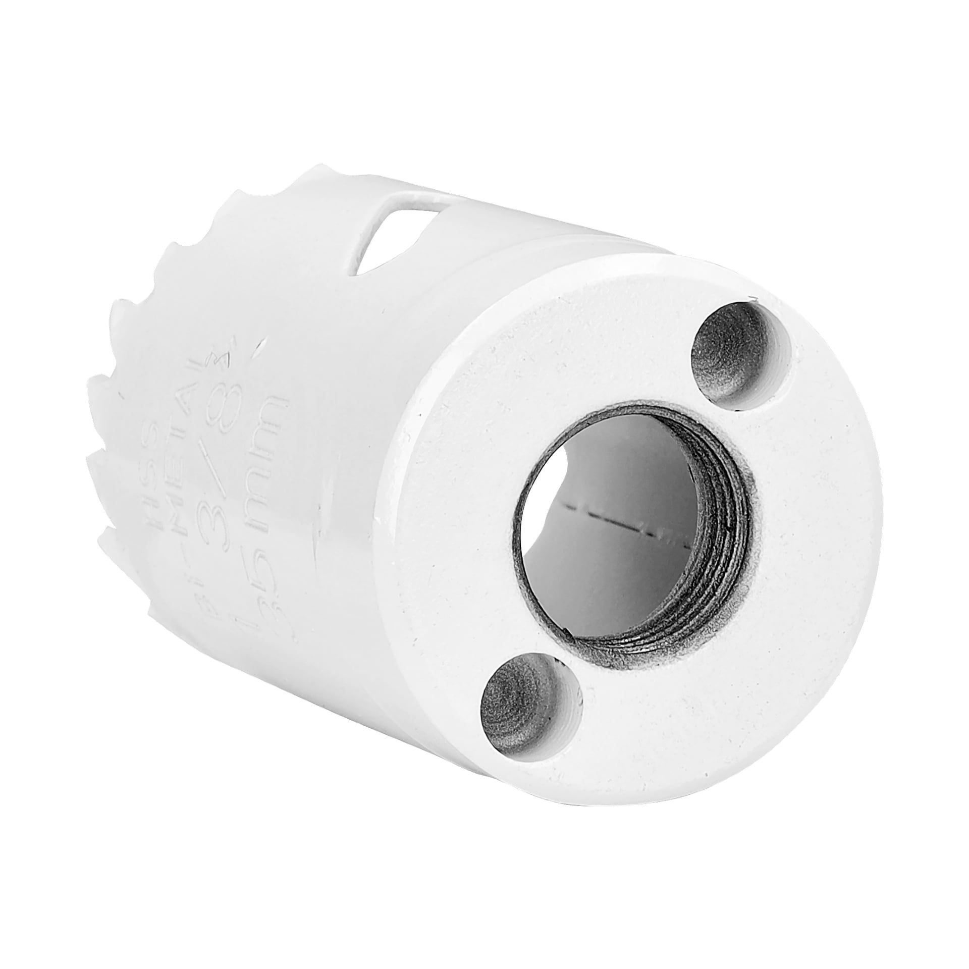 En närbild av en Meec Tools Hole-såg, som visar dess vita metallkropp med vassa, taggiga kanter och två monteringshål, avsedd för att borra stora öppningar i trä eller metall.