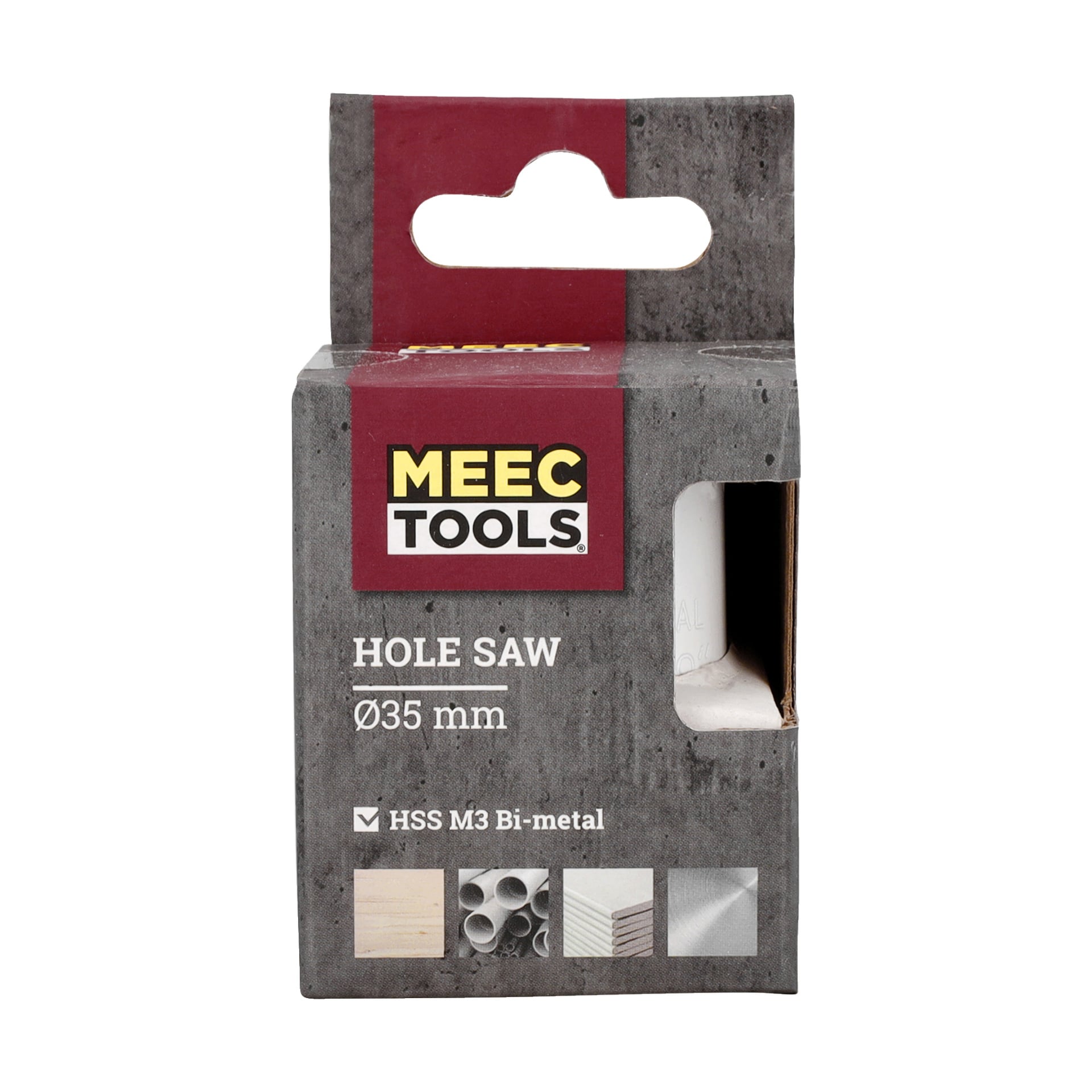 En Meec Tools hålsåg med 35 mm diameter och HSS M3 bimetallkonstruktion visas i grå förpackning med en röd sektion ovanpå. Lådan har ikoner som illustrerar lämpliga material för skärning, och en del av hålsågen är synlig genom ett fönster på förpackningen.