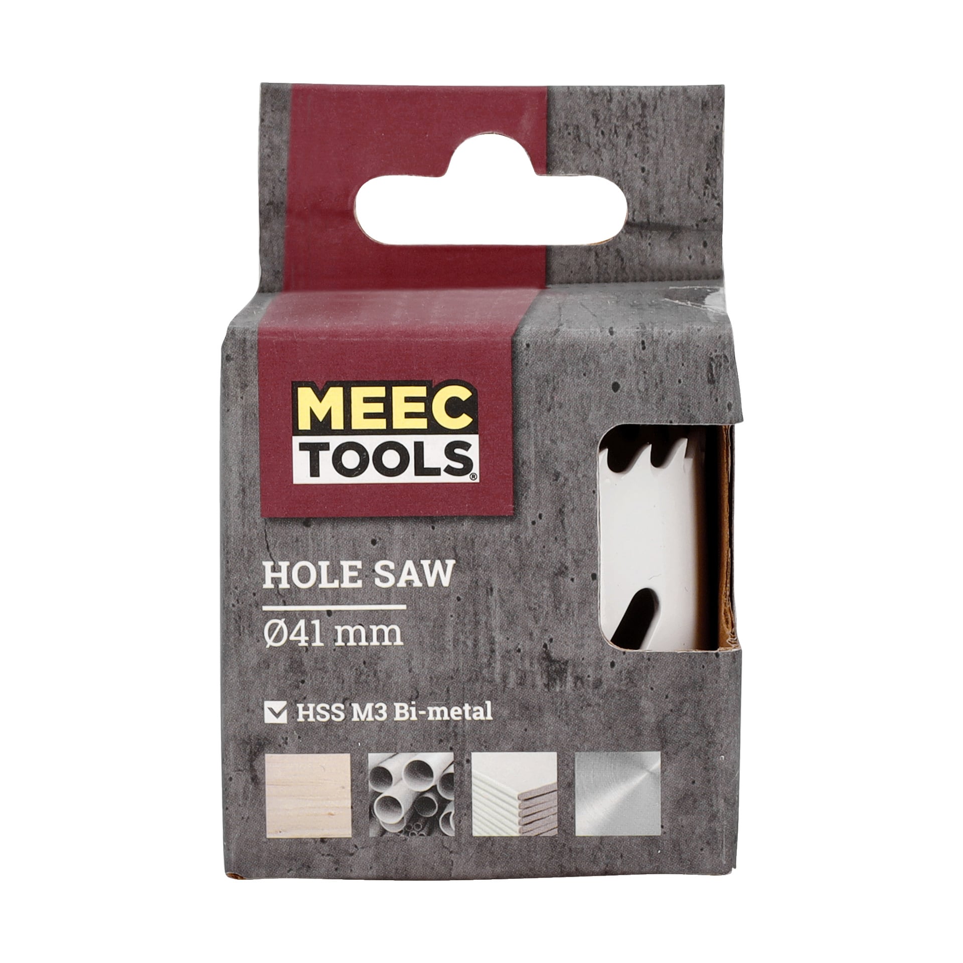 En Meec Tools Hole Saw visas i grå förpackning med röd accent. På framsidan står det "HOLE SAW Ø41 mm" och det står att den är tillverkad av HSS M3 Bi-metall. Små ikoner längs botten visar de olika materialen som är lämpliga för att skära med detta verktyg.