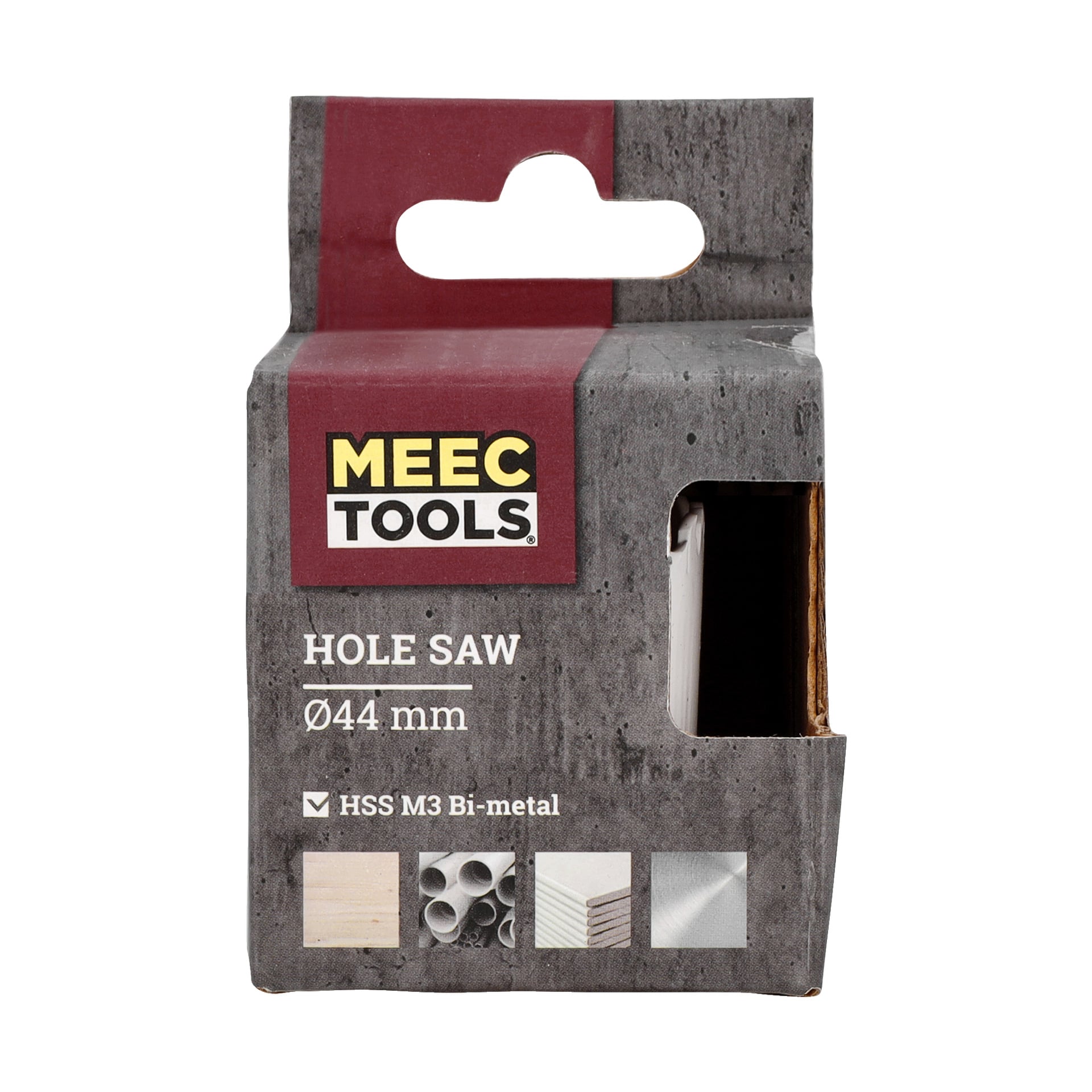 Meec Tools detaljhandelspaket innehåller en 44 mm bimetall-hålsåg, där en del av verktyget är synlig genom förpackningen. Ikoner på lådan visar dess kompatibilitet med trä, plast, rör, laminat och plåt.