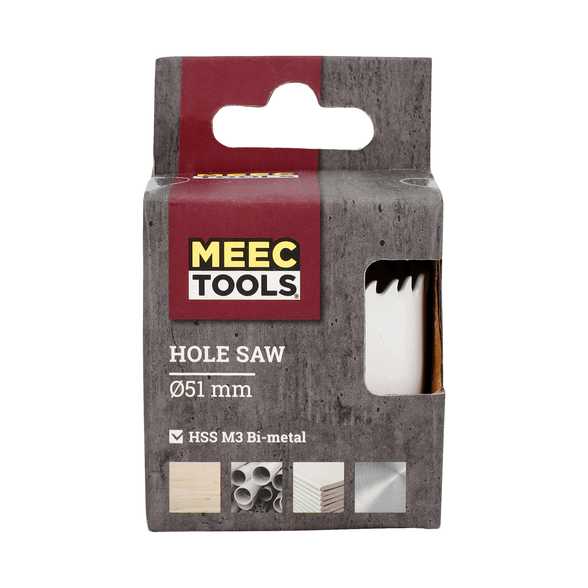 En Meec Tools Hole Saw med 51 mm diameter, tillverkad av HSS M3 bimetall. Förpackningen visar ikoner av trä, rör och metall för att visa att verktyget är utformat för att skära olika material.