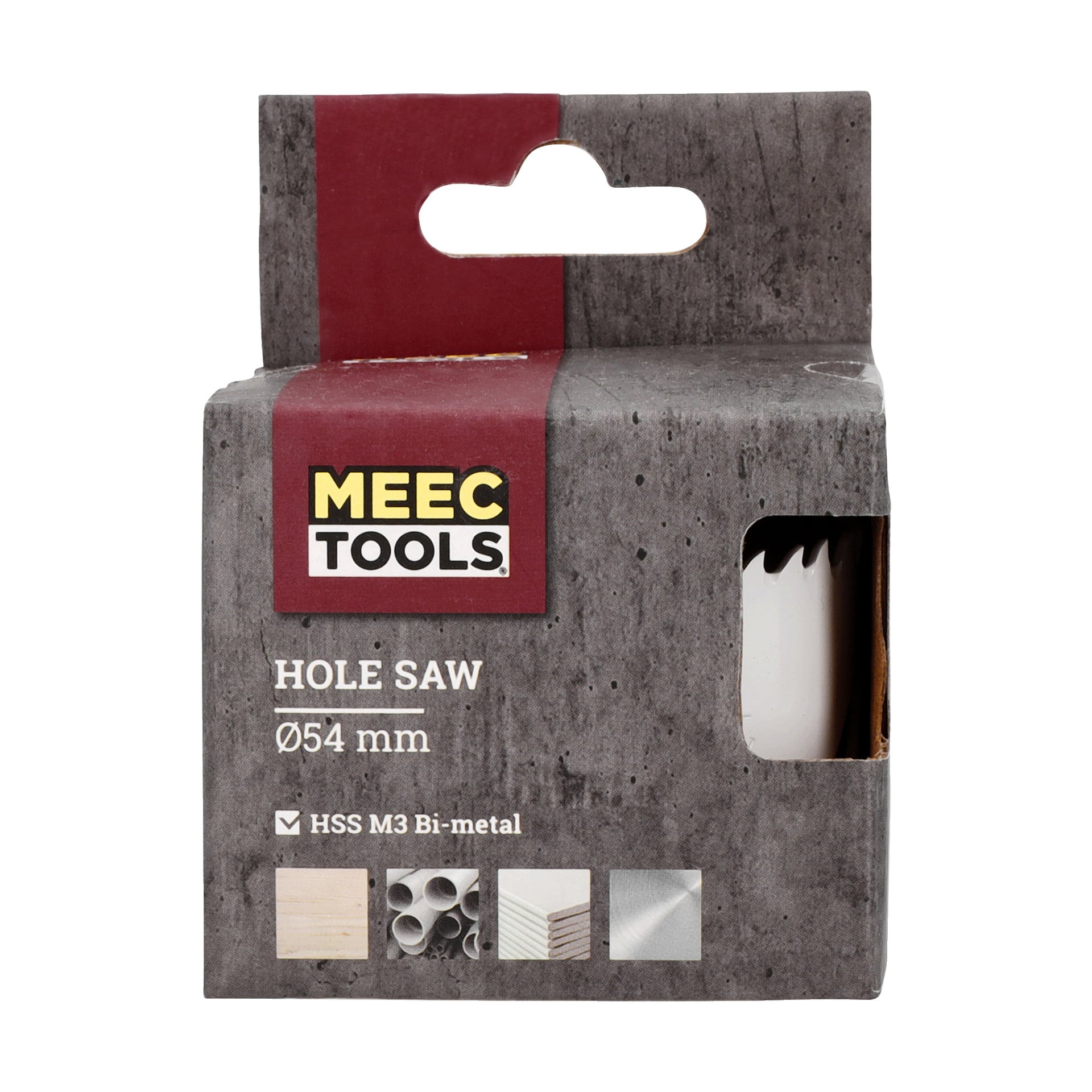 En Meec Tools 54 mm HSS M3 bimetall-hålsåg visas i dess märkesförpackning, som har en sidoöppning som visar en del av bladet. Förpackningen anger lämplighet för att skära rör, trä och metall.