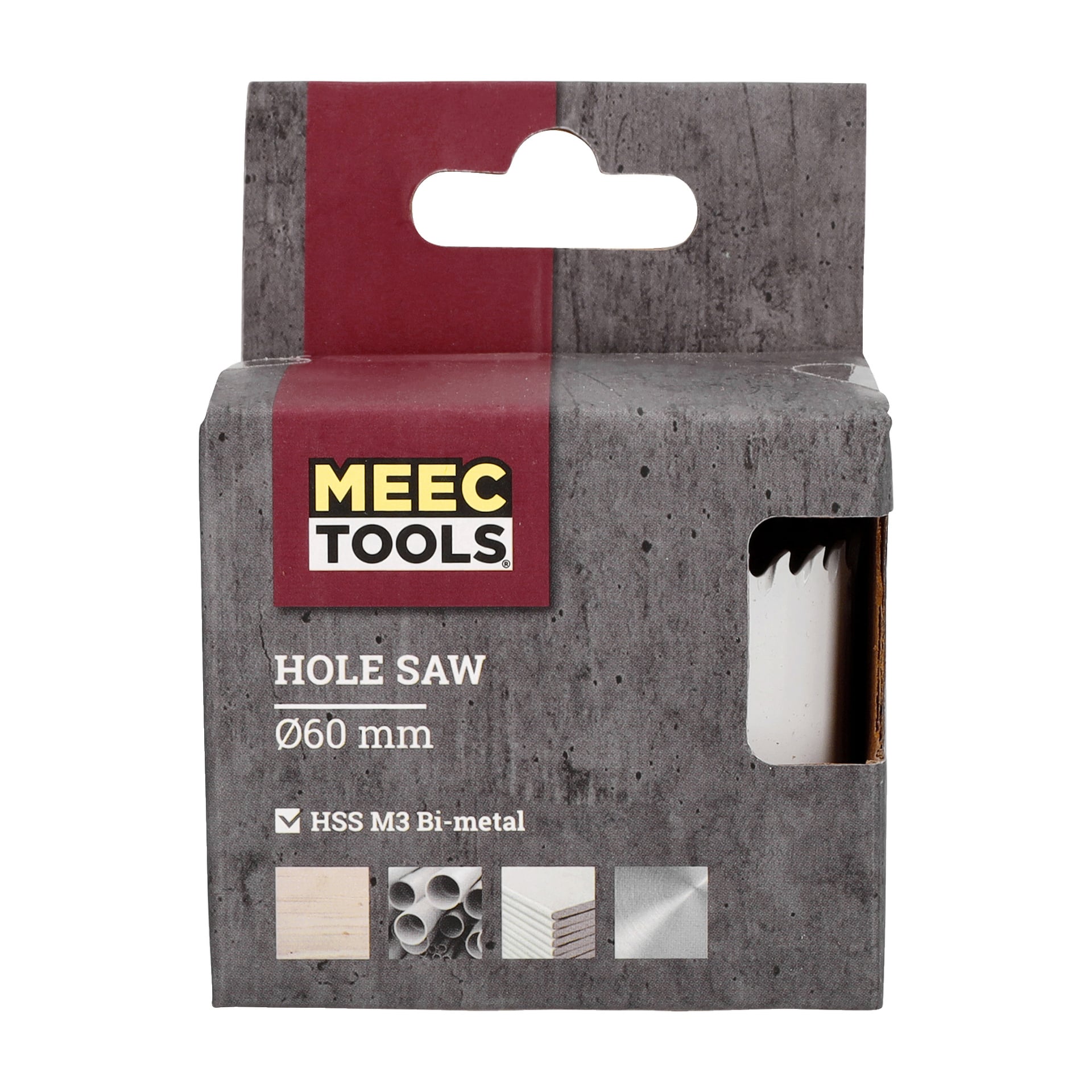 En grå Meec Tools hålsågslåda visar en 60 mm bimetall HSS M3 hålsåg, med piktogram som visar lämpliga material för användning. Själv hålsågen är delvis synlig genom en öppning i förpackningen.