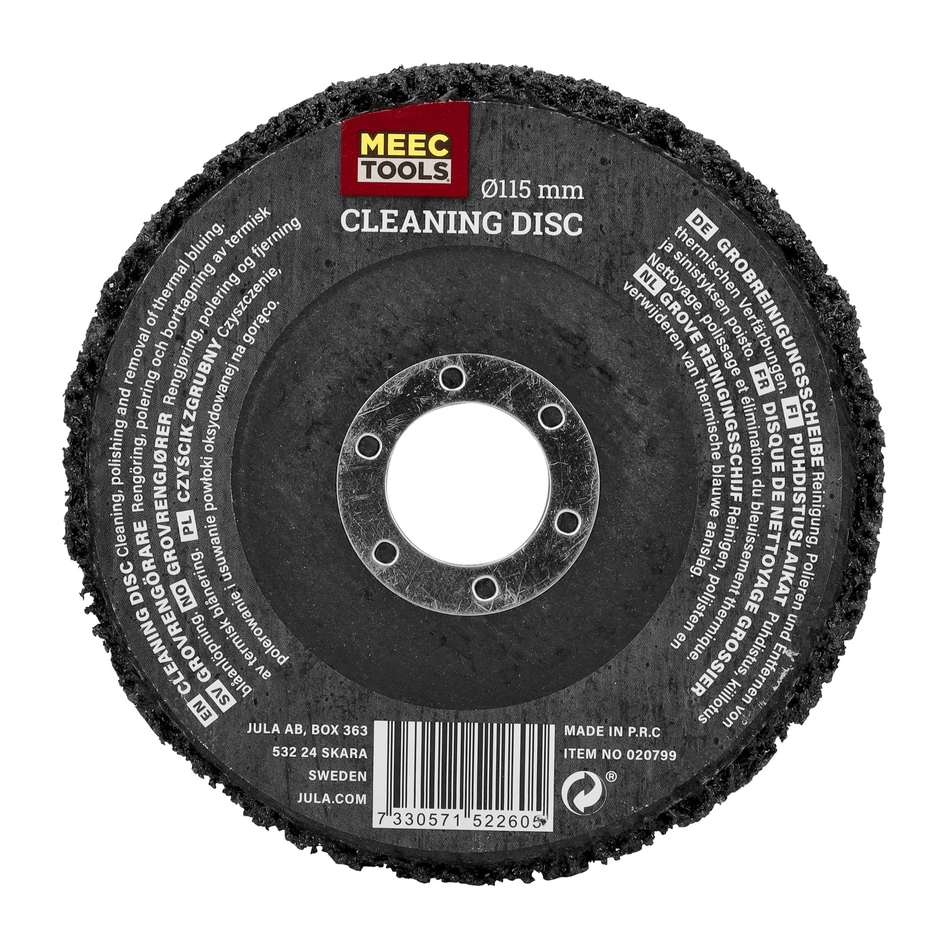 En svart Meec Tools Heavy Duty Cleaner-skiva, 115 mm bred, med fem centrala hål och en etikett runt mitten som visar produktinformation.
