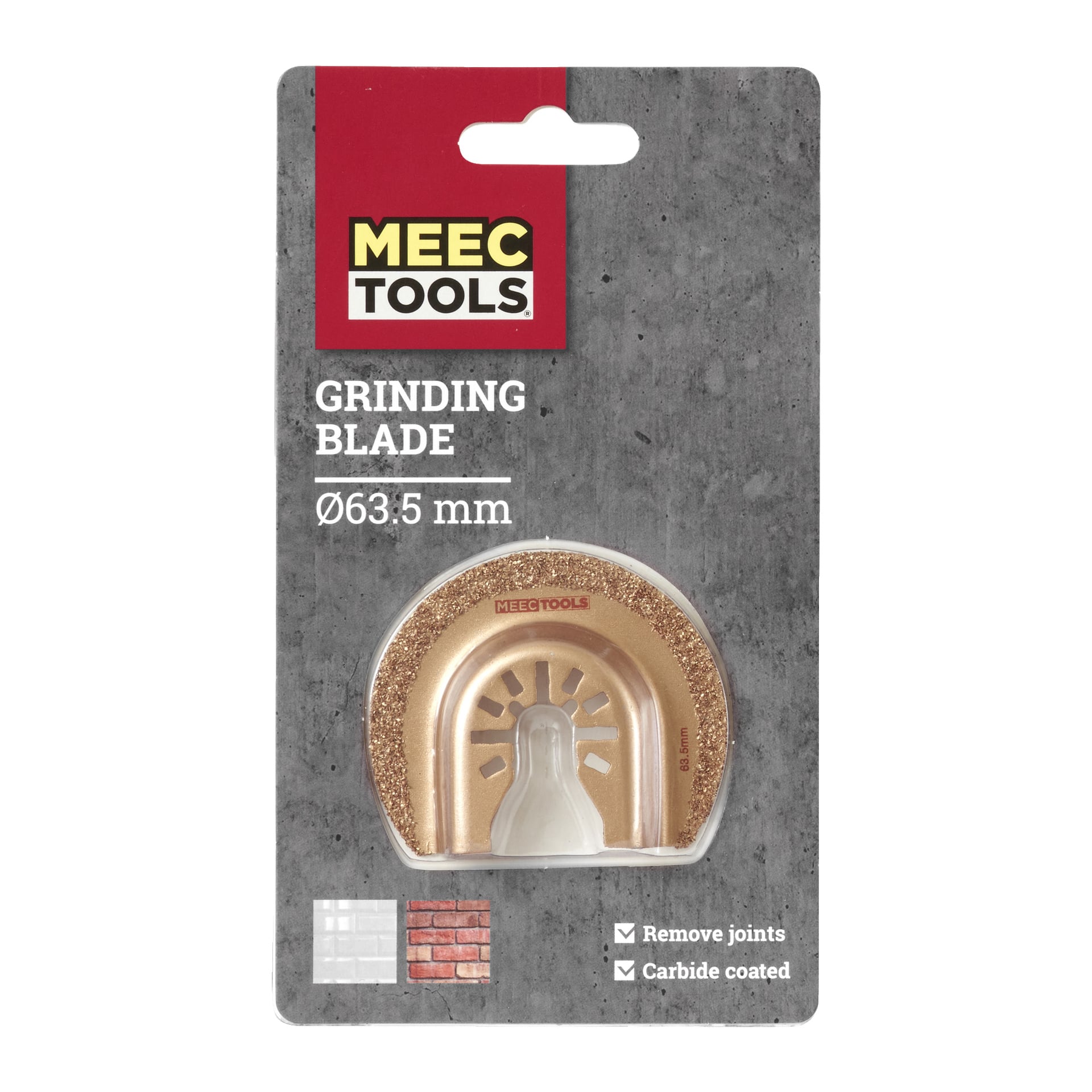 Ett Meec Tools slipblad med 63,5 mm diameter syns i förpackningen, som innehåller fraserna "Remove fogar" och "Carbid coated." Den betongtexturerade bakgrunden ramar in produkten.