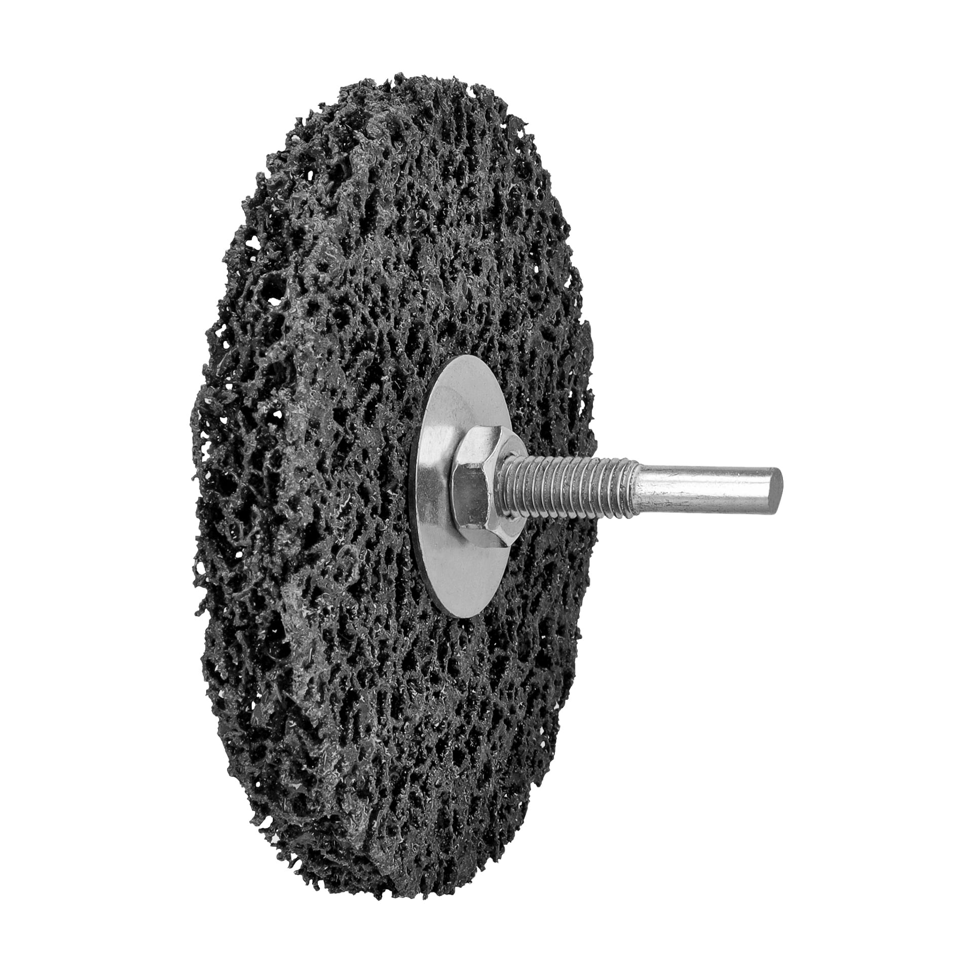 En Meec Tools slipskiva har ett svart, svamptexturerat sliphjul fäst vid en metallaxel och axel, avsedd för elverktyg vid uppgifter som ytbehandling eller borttagning av rost.