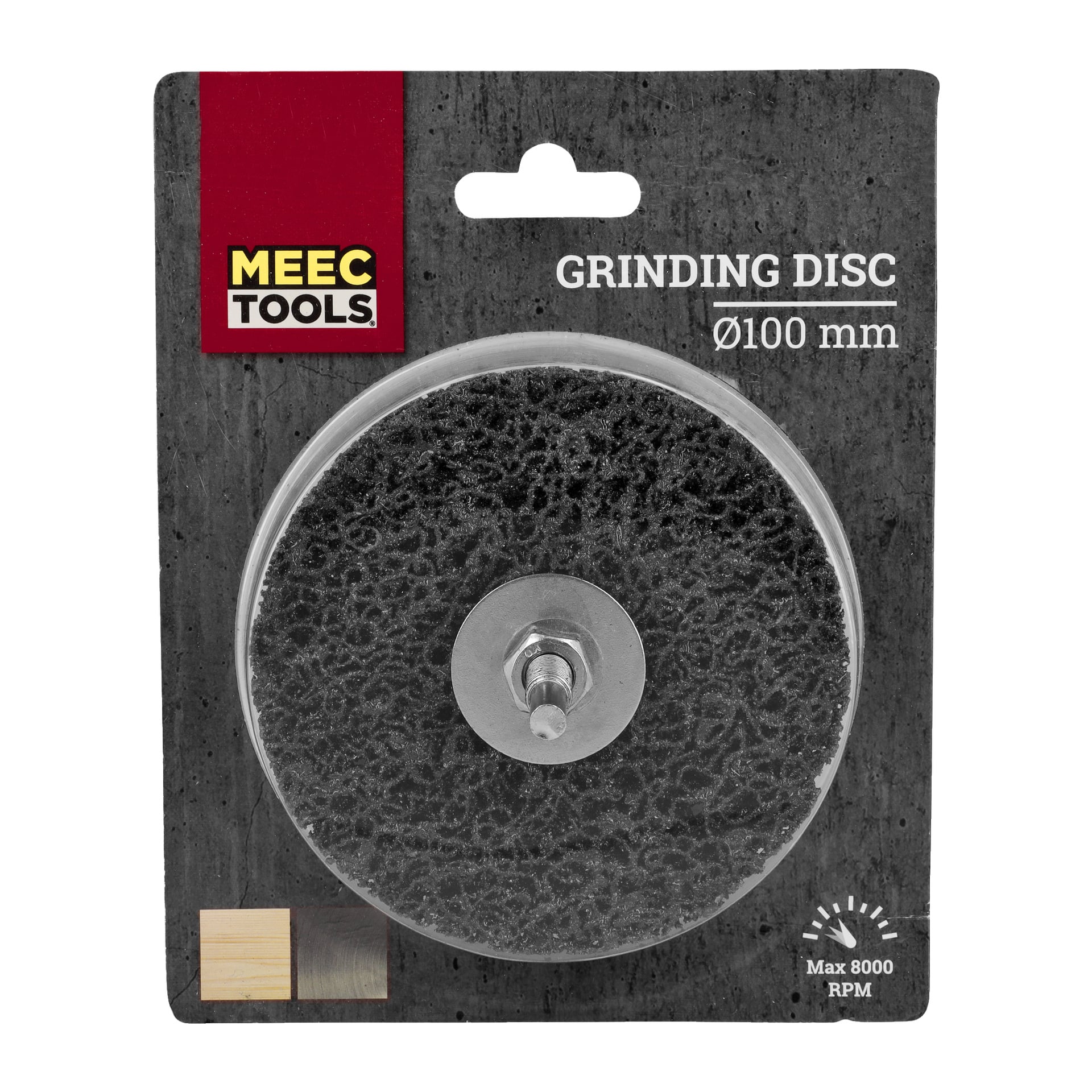 En Meec Tools 100 mm slipskiva är fäst på ett grått bakkort. Etiketten visar en maxhastighet på 8000 varv per minut och har ikoner som visar lämplighet för trä och metall.
