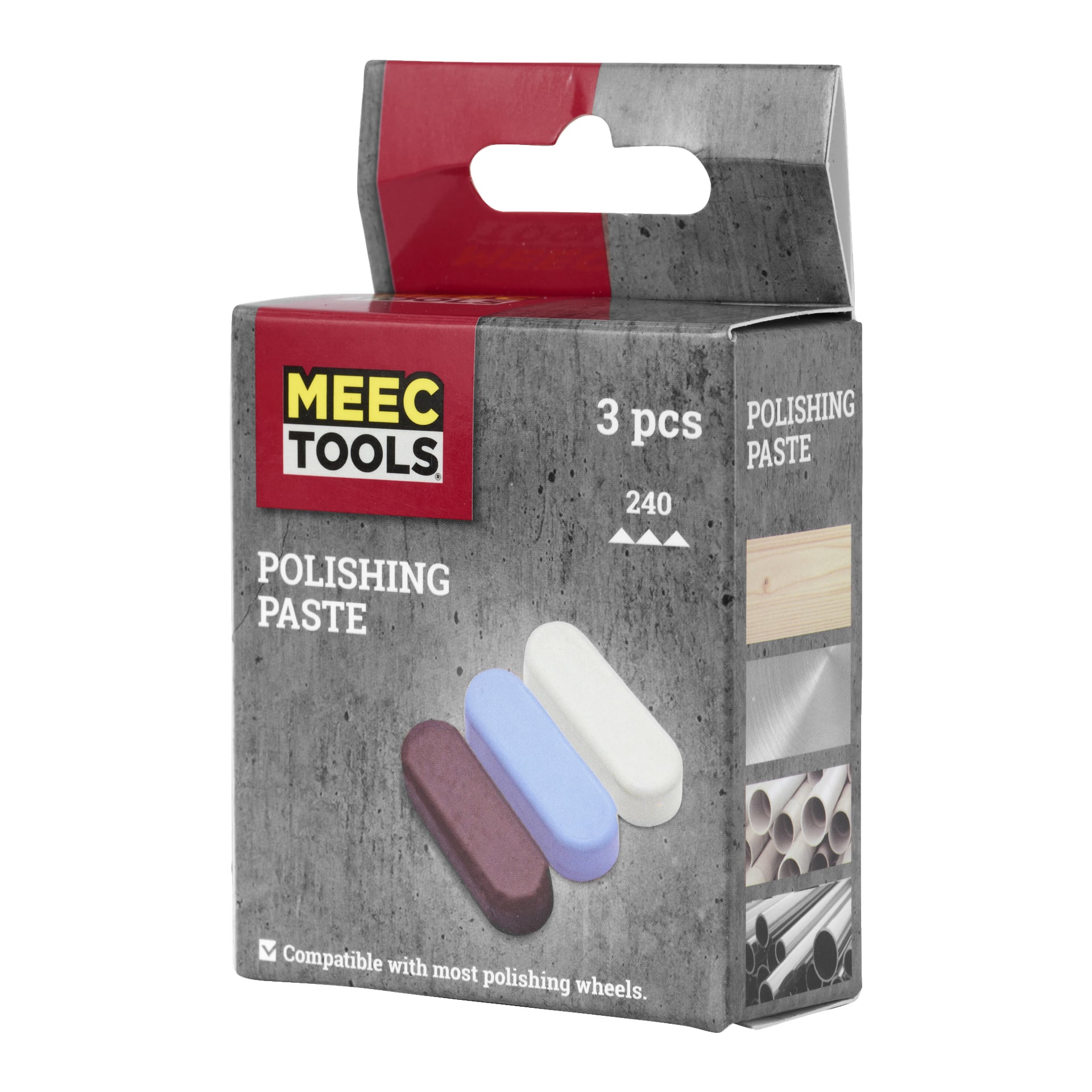 Ett Meec Tools Poleringspastaset med tre delar, var och en representerad på lådans framsida av färgade staplar i brunt, blått och vitt. Förpackningen visar "3 pcs" och "240", tillsammans med ikoner för olika ytor som kan poleras.