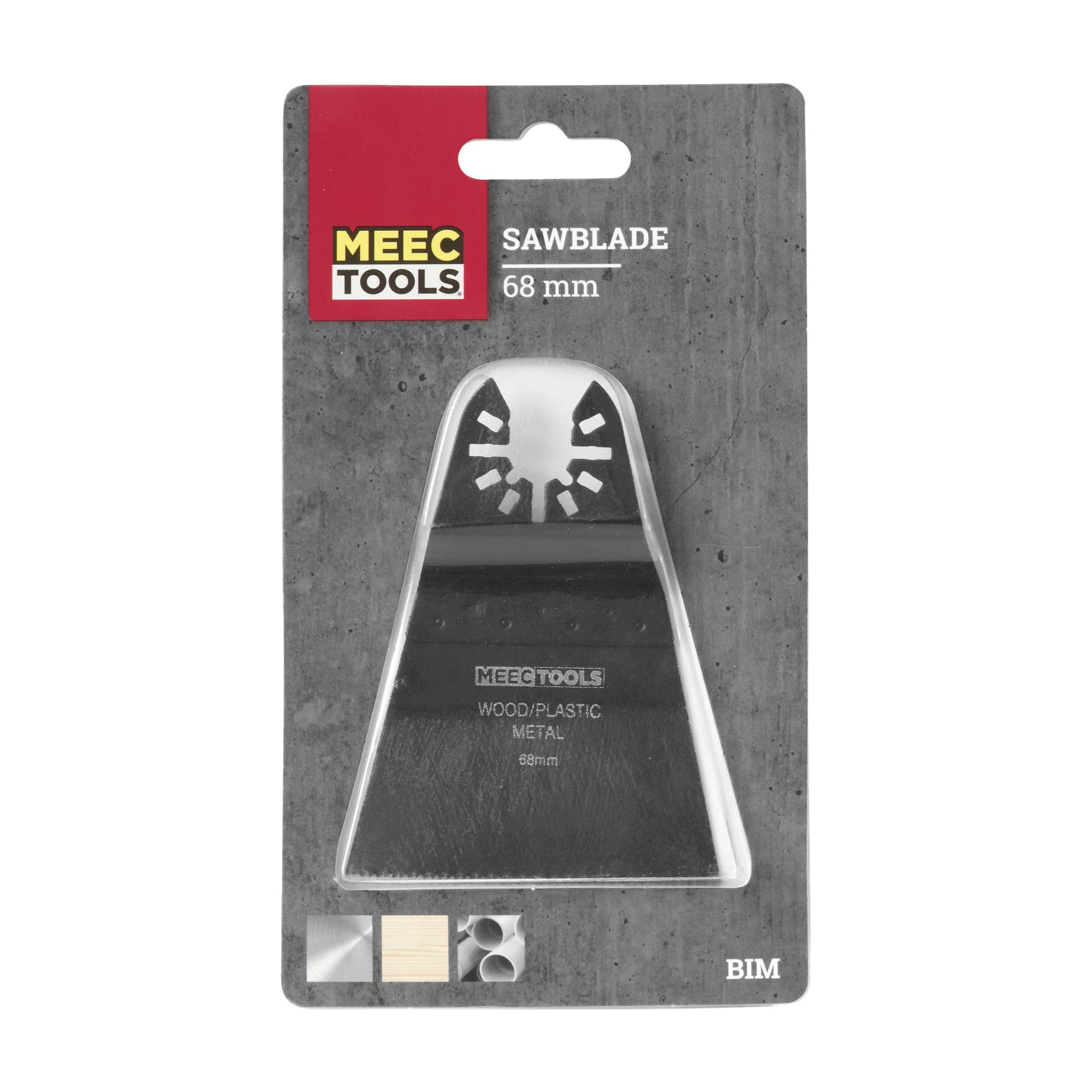 Ett 68 mm Meec Tools-sågblad för trä, plast och metall visas i svart förpackning. Bladet har en hackad ände för fäste, och förpackningen innehåller ikoner som visar vilka material det kan skära.