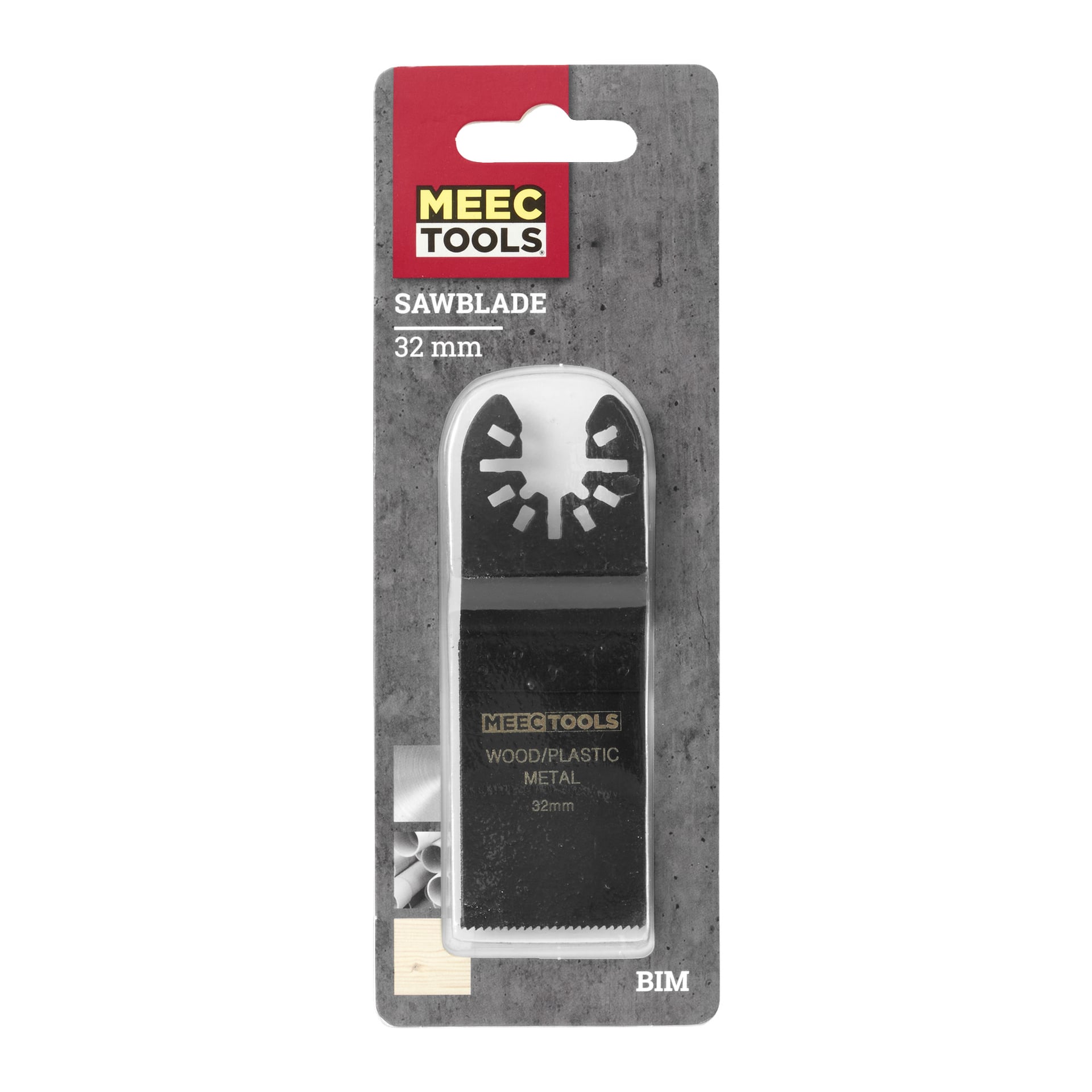 Ett 32 mm Meec Tools-sågblad designat för att skära trä, plast och metall, visat i genomskinlig plastförpackning på en grå kartongbaksida märkt BIM. Bladet är svart med vita bokstäver.