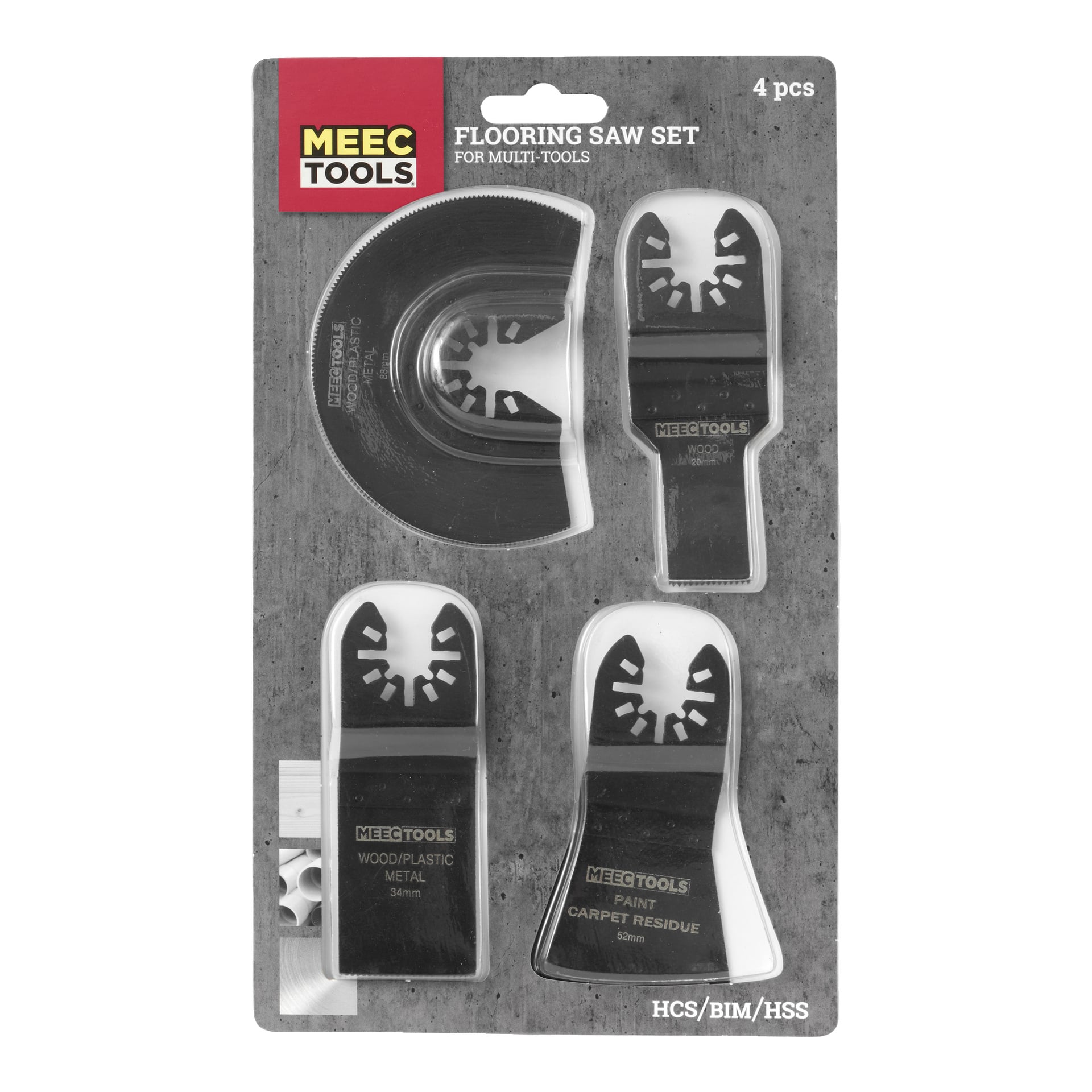 Auf einem Paket steht Zubehörset für Multitools 4 Teile von Meec Tools und zeigt vier schwarze Klingen verschiedener Formen, mit Etiketten für Holz, Kunststoff, Metall, Farbe und Teppichrückstände.