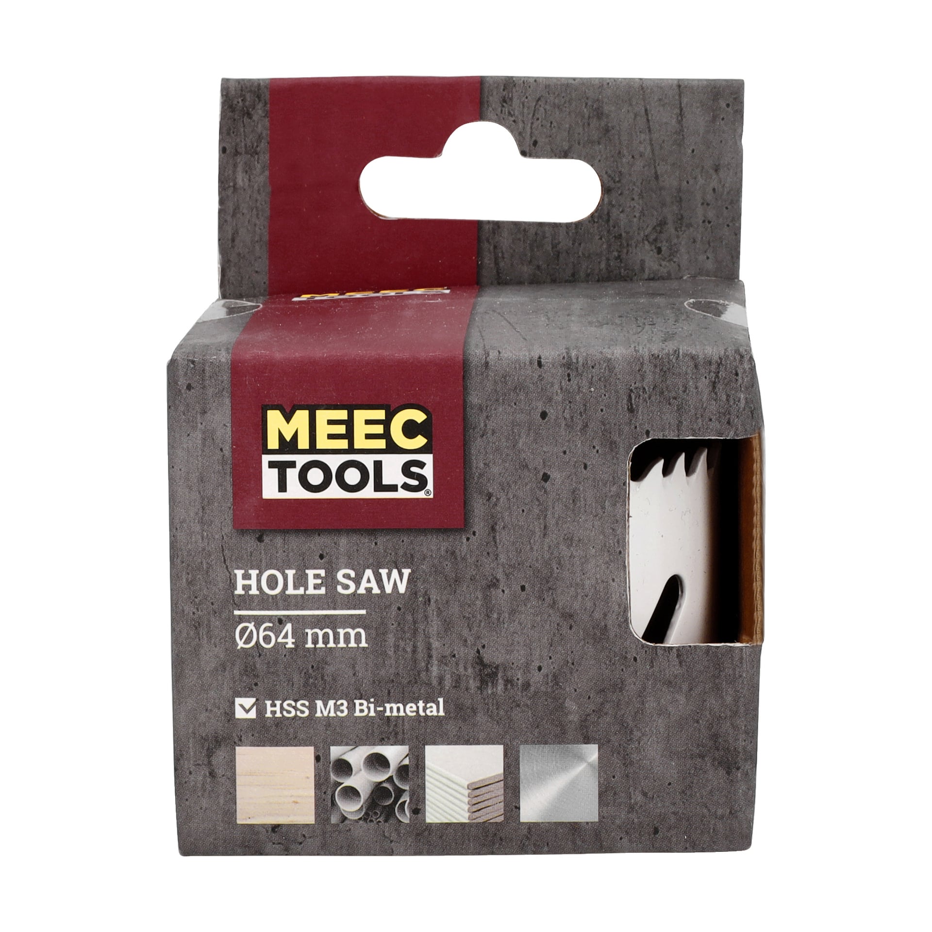 En Meec Tools-hålsåg i förpackningen, märkt som 64 mm med HSS M3 bimetallmaterial. Lådan har ikoner som visar att den kan användas för rör, trä, plast och metall. En del av sågbladet syns genom ett fönster på paketet.
