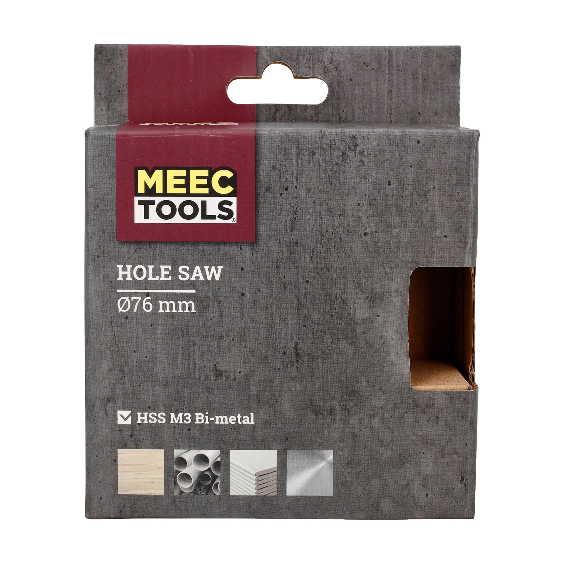 En grå Meec Tools-låda märkt "Hole Saw Ø76 mm, HSS M3 Bi-metal" har ikoner som illustrerar dess användning på trä, metallrör, gipsskivor och plåt. En del av lådan är öppen och visar kartongen inuti.