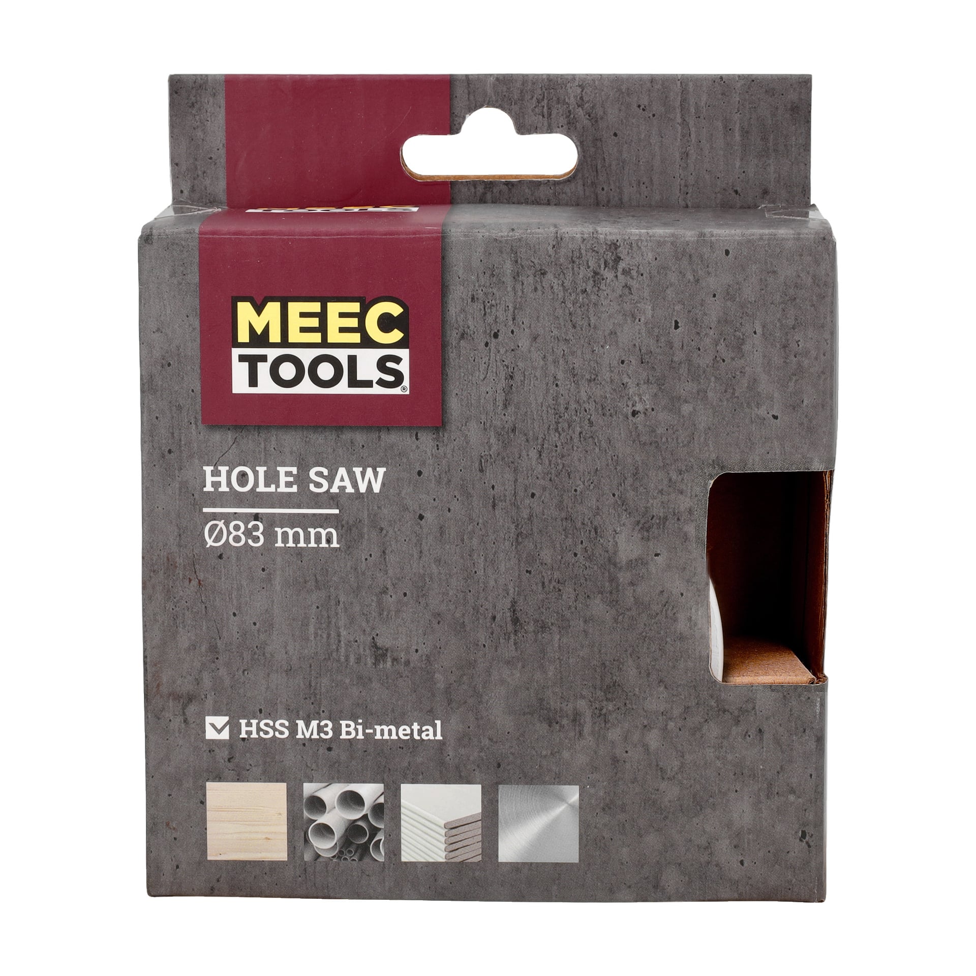 En grå Meec Tools-låda med etiketten "Hole saw" rymmer en 83 mm bimetall HSS M3-hålsåg. Förpackningen visar ikoner för användning på trä, rör och metall, och en del av verktyget kan ses genom ett fönster.