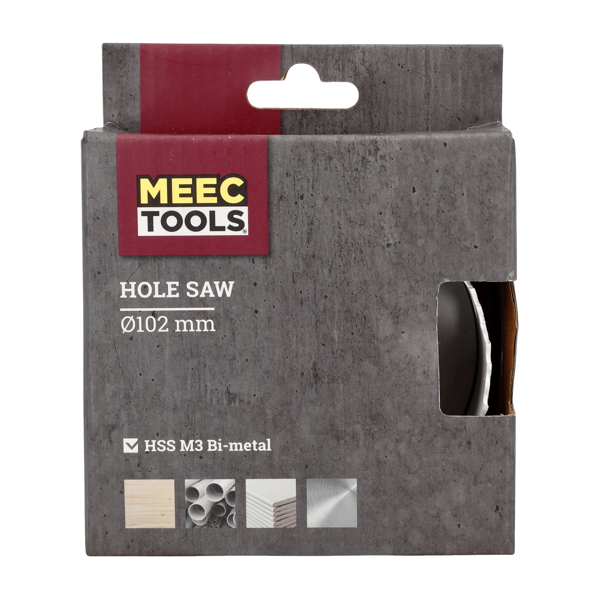 En grå Meec Tools-låda visar texten "Hålsåg Ø102 mm, HSS M3 Bi-metal" och innehåller ikoner som visar att den kan användas på trä, rör och metall. En sektion av hålsågen kan ses genom en öppning i sidan av förpackningen.