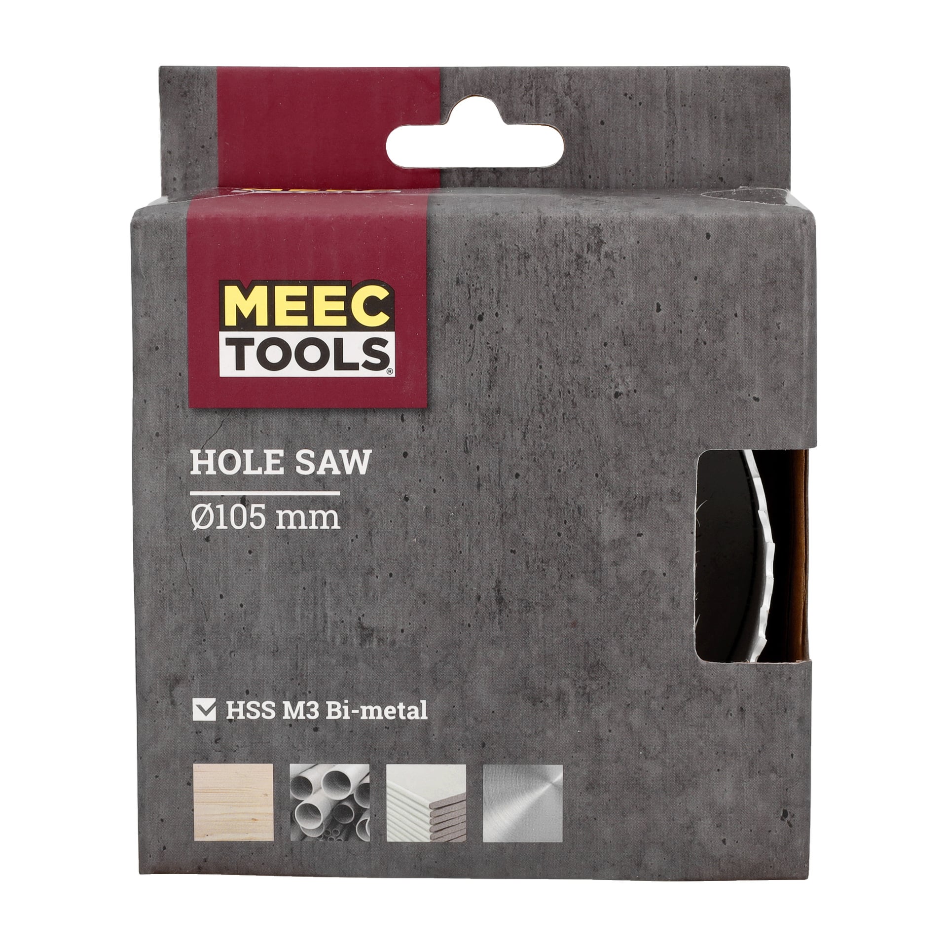 En grå Meec Tools-låda har en 105 mm hålsåg, med ikoner som visar att den är lämplig för att såga trä, plast, gipsskivor och metall. Förpackningen visar att verktyget är tillverkat av HSS M3 bimetall.