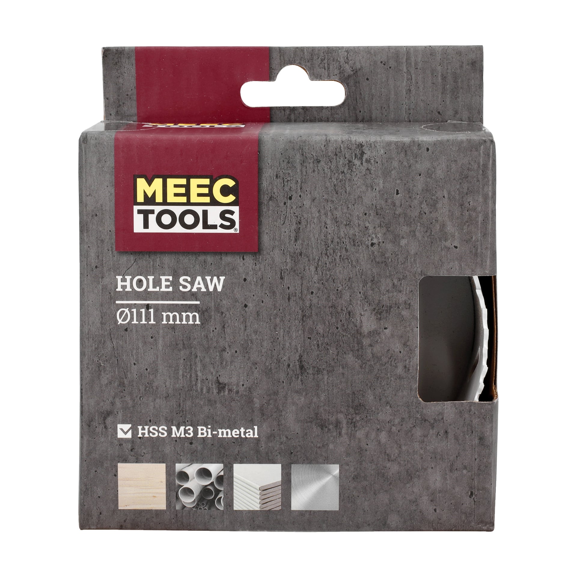 En grå Meec Tools Hole Saw-låda visar en Ø111 mm etikett, där sågen delvis är synlig genom ett plastfönster. Ikoner indikerar kompatibilitet med trä, plast och metallmaterial. Förpackningen lyfter fram HSS M3 bimetallkonstruktion.