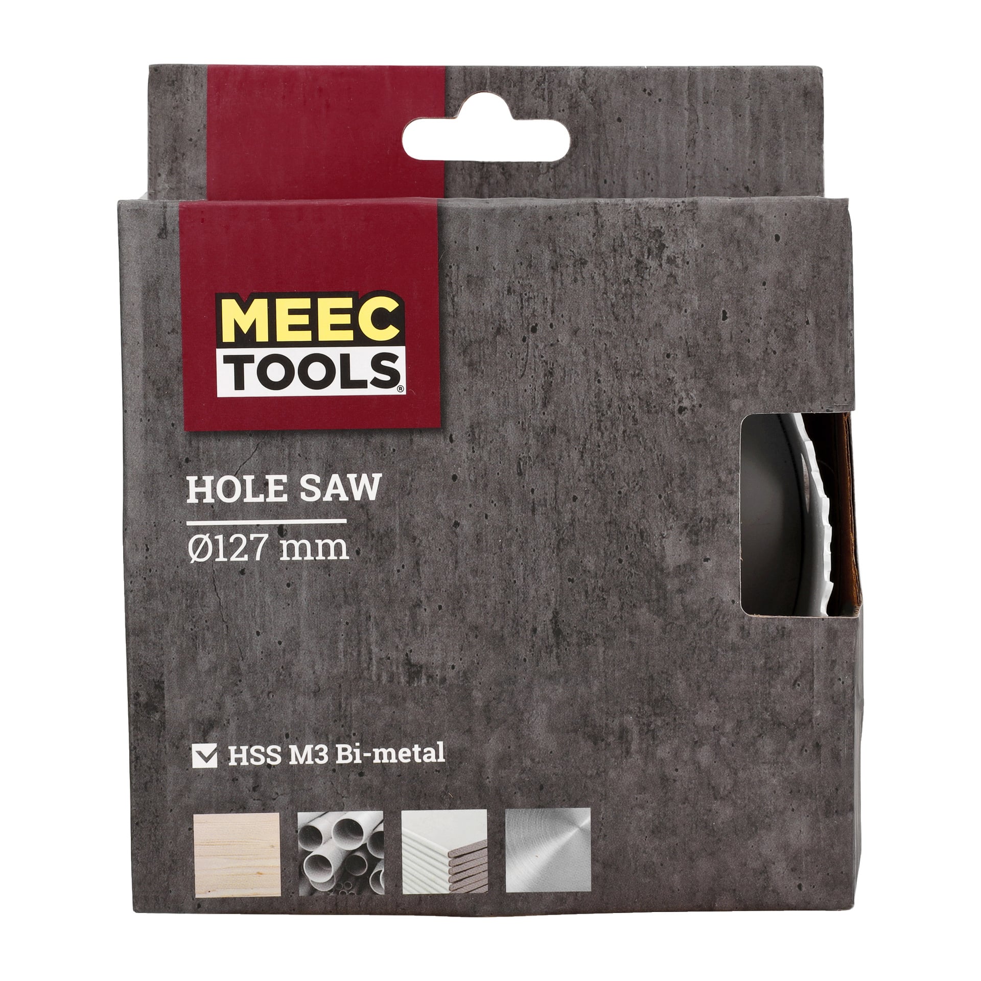 En grå Meec Tools-låda rymmer en 127 mm HSS M3 bimetall-hålsåg, avsedd för användning på trä, rör, spånskivor och plåt. En del av sågen syns genom ett sidofönster i förpackningen.