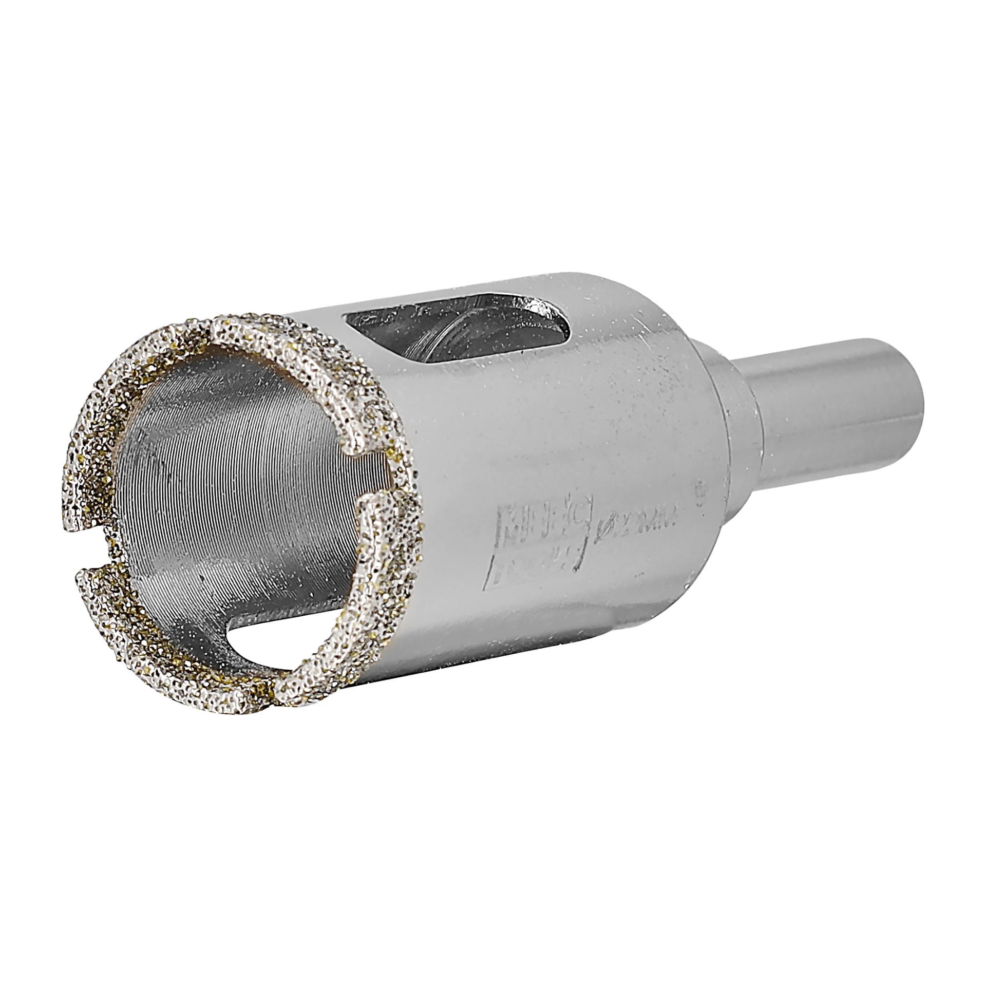 En närbild av Meec Tools diamanthålsåg visar dess cylindriska form med en grov diamantbelagd kant för skärning, sidoöppningar för att rensa bort skräp och en skaft i ena änden för att ansluta till en borrmaskin.