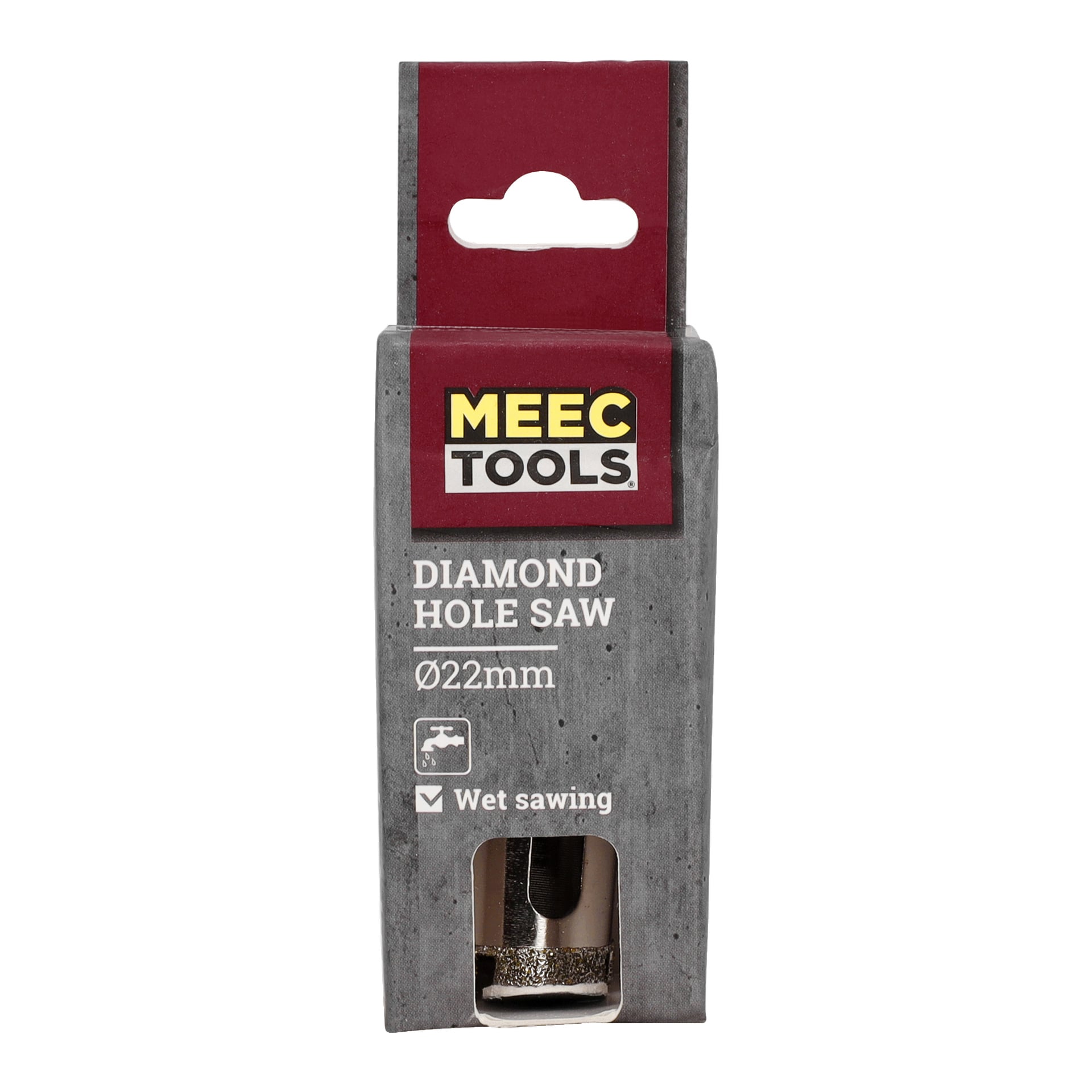 Meec Tools Diamond hålsågspaket, färgat i grått och rött, visar en 22 mm hålsåg avsedd för våtsågning. En del av det metalliska verktyget kan ses genom ett genomskinligt fönster på lådans framsida.