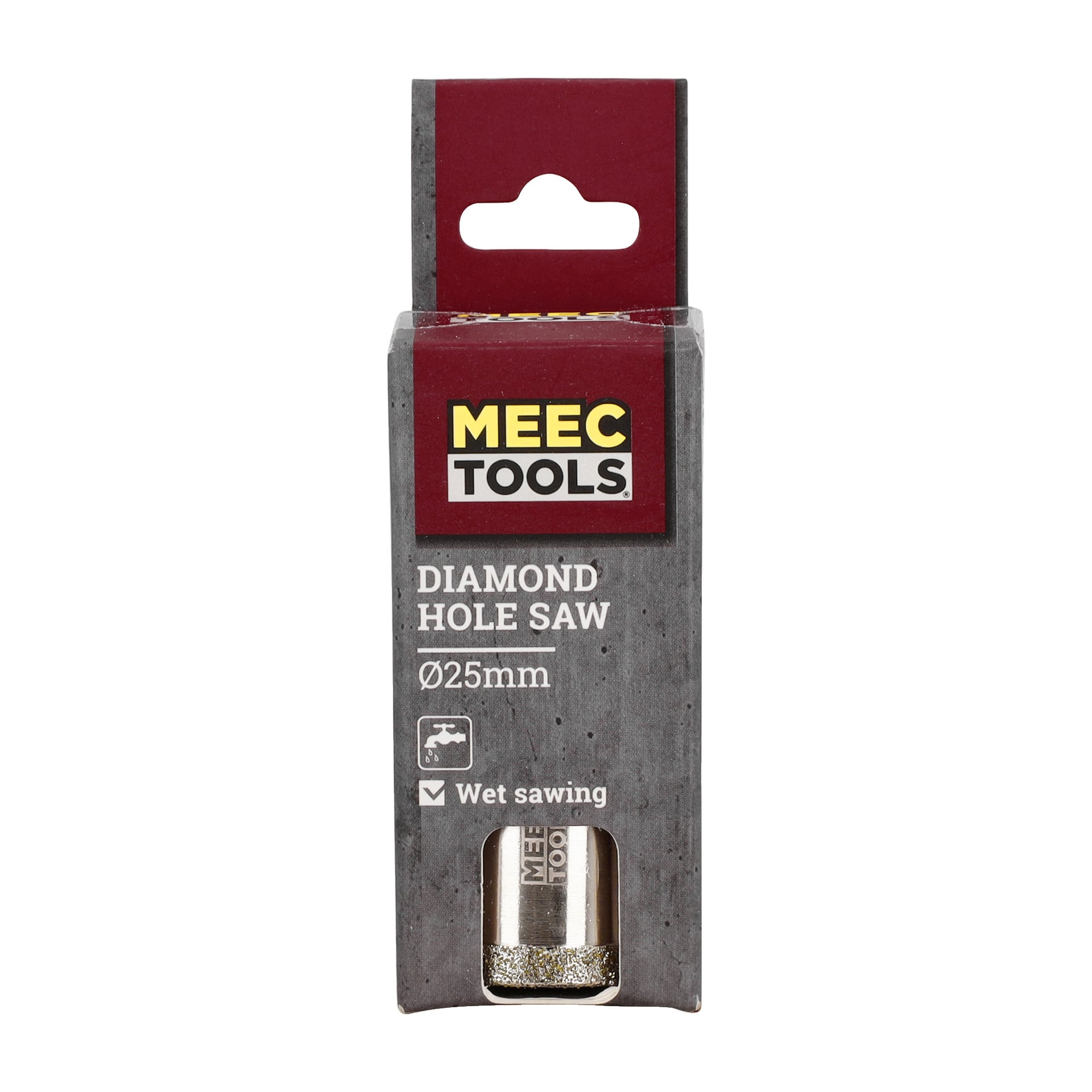 En Meec Tools diamanthålsåg för 25 mm diameter och våtsågning visas i förpackningen, som har en grå kropp, röd lock och fet gul och vit text.