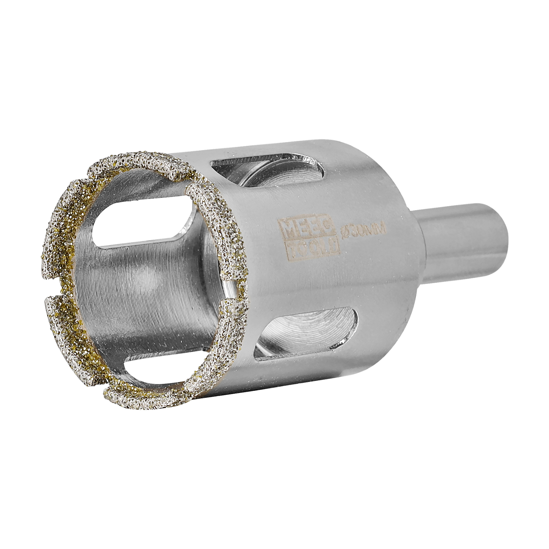 Närbild av Meec Tools diamanthålsåg, som visar dess cylindriska metallform med slitsade öppningar och en diamantbelagd kant för att skära genom hårda material som kakel eller glas.