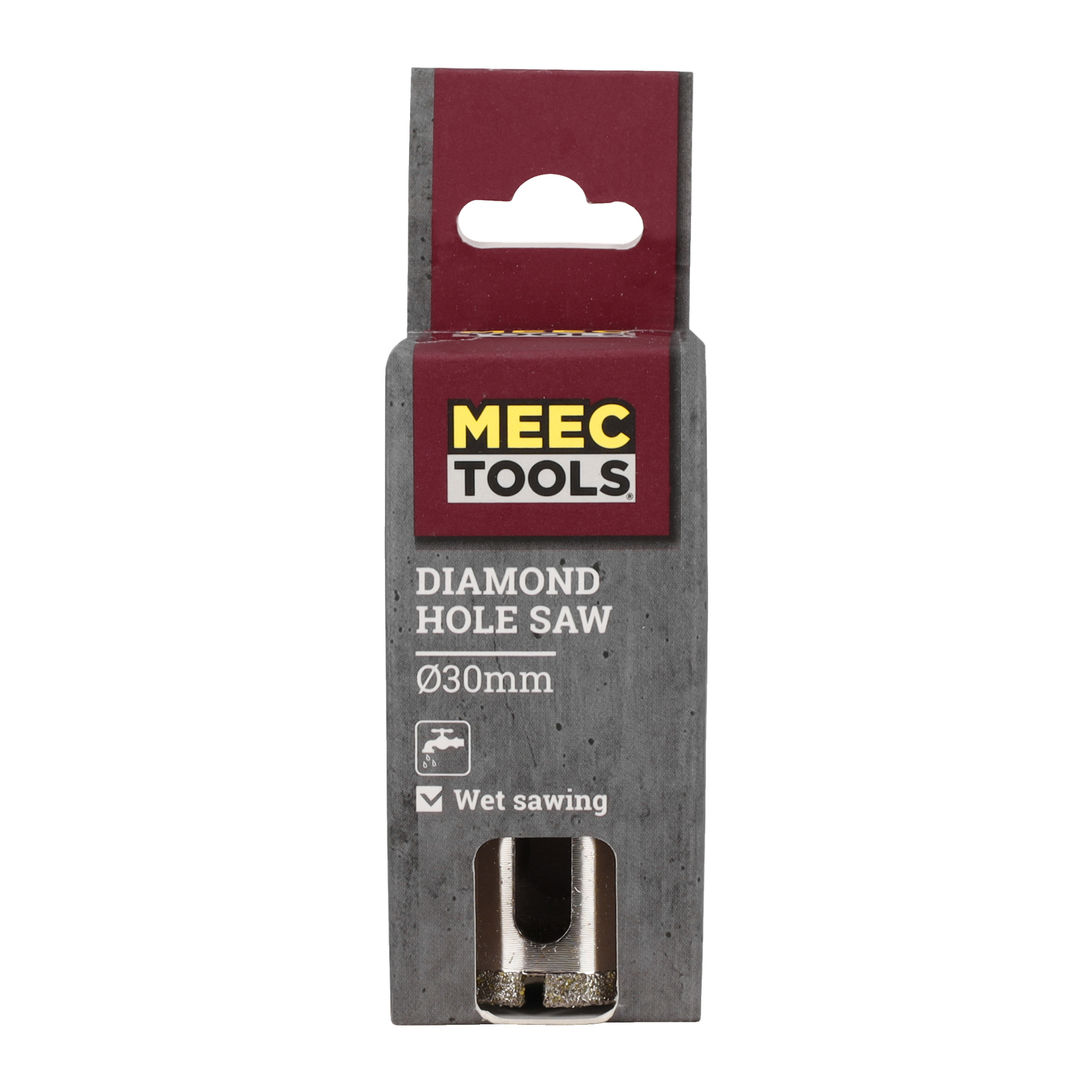 En Meec Tools diamanthålsåg paketerad för 30 mm diameter, designad för våtsågning. Förpackningen är grå med en vinröd topp och visar den gula Meec Tools-loggan.