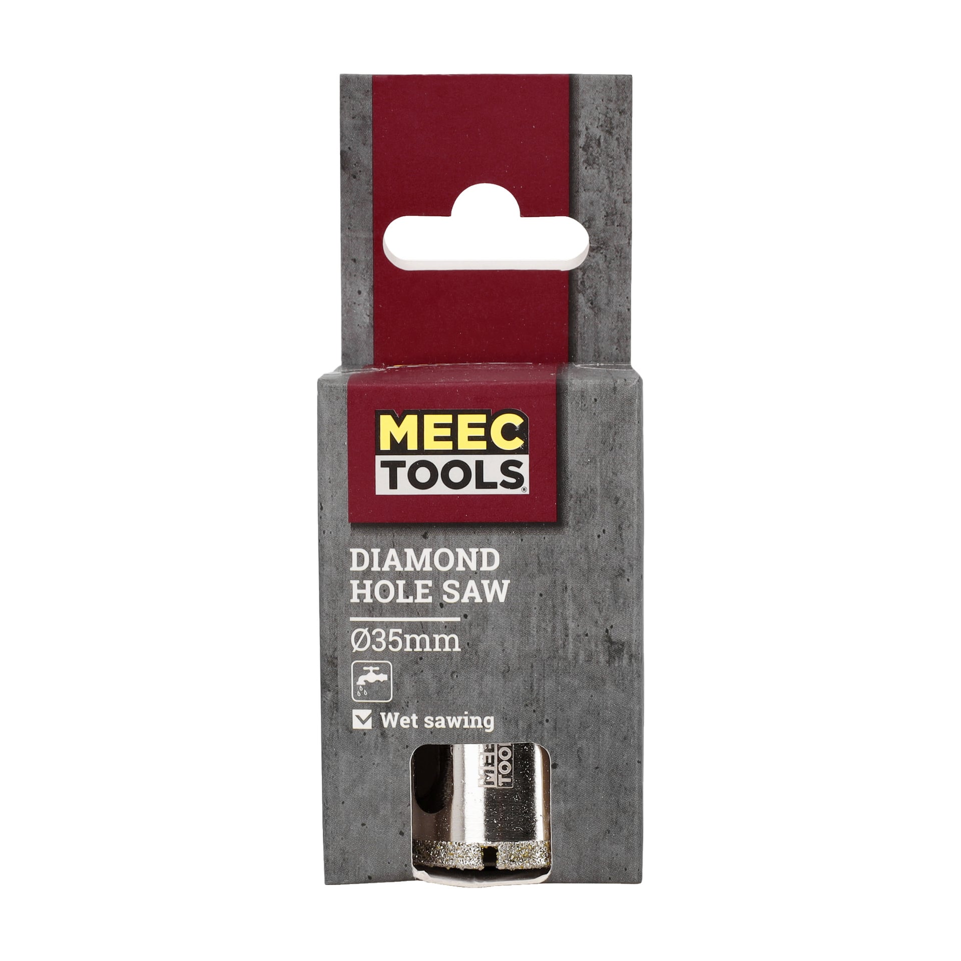 En Meec Tools diamanthålsåg i originalförpackning, avsedd för våtskärning, med en diameter på 35 mm. Förpackningen visar produktens specifikationer och har grå och röda detaljer på framsidan.