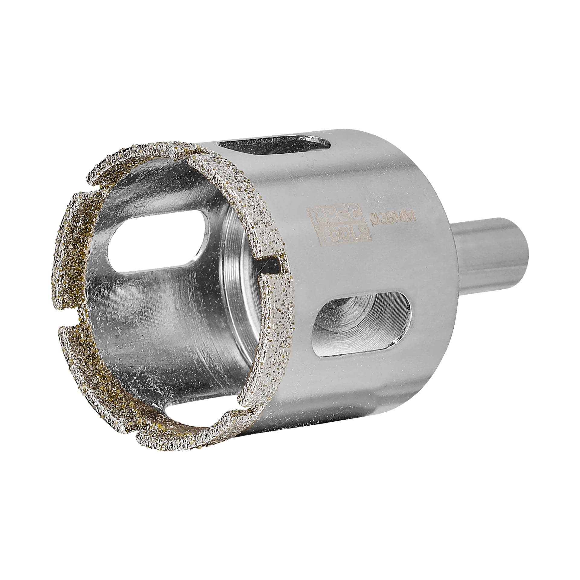 En närbild av Meec Tools diamanthålsåg visar dess silvercylindriska metallkropp, segmenterade diamantbelagda fälg och sidospår för att klara skräp.