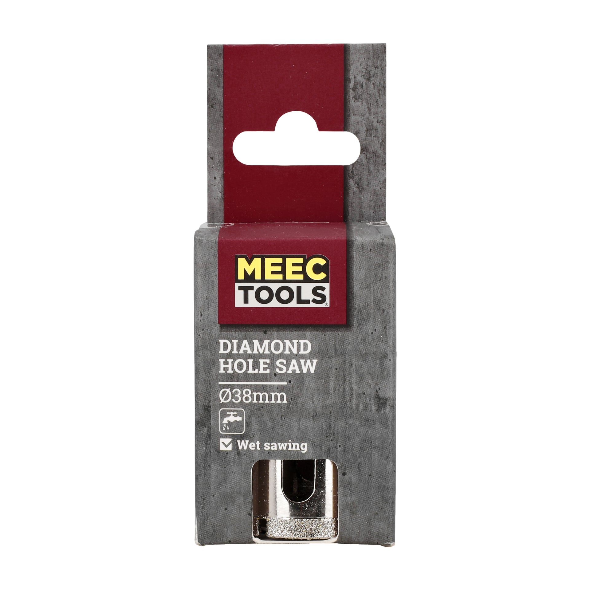 Förpackning för en Meec Tools diamanthålsåg, 38 mm, avsedd för våtskärning. Förpackningen har en grå bakgrund accentuerad av en röd rand och visar Meec Tools-loggan i gult och svart.