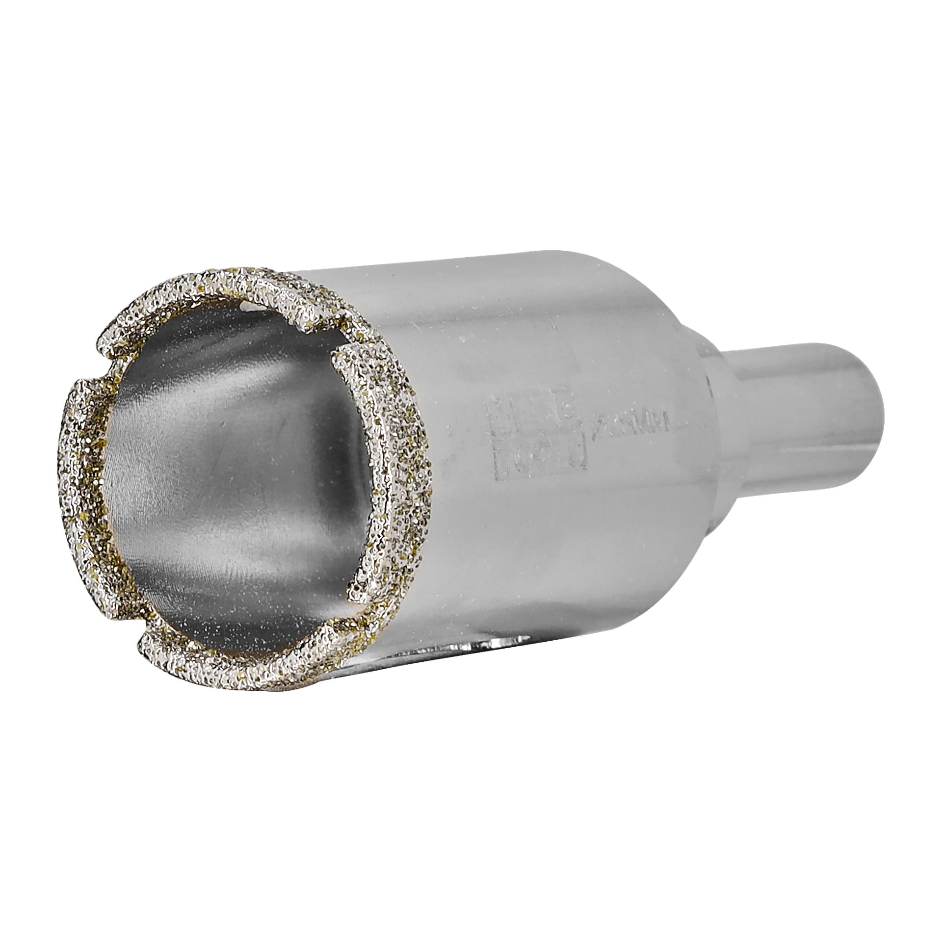 Närbild på Meec Tools diamanthålsåg, som visar dess silvermetalliska kropp och diamantbelagda egg för noggrann borrning genom tåliga material som kakel, glas och sten.