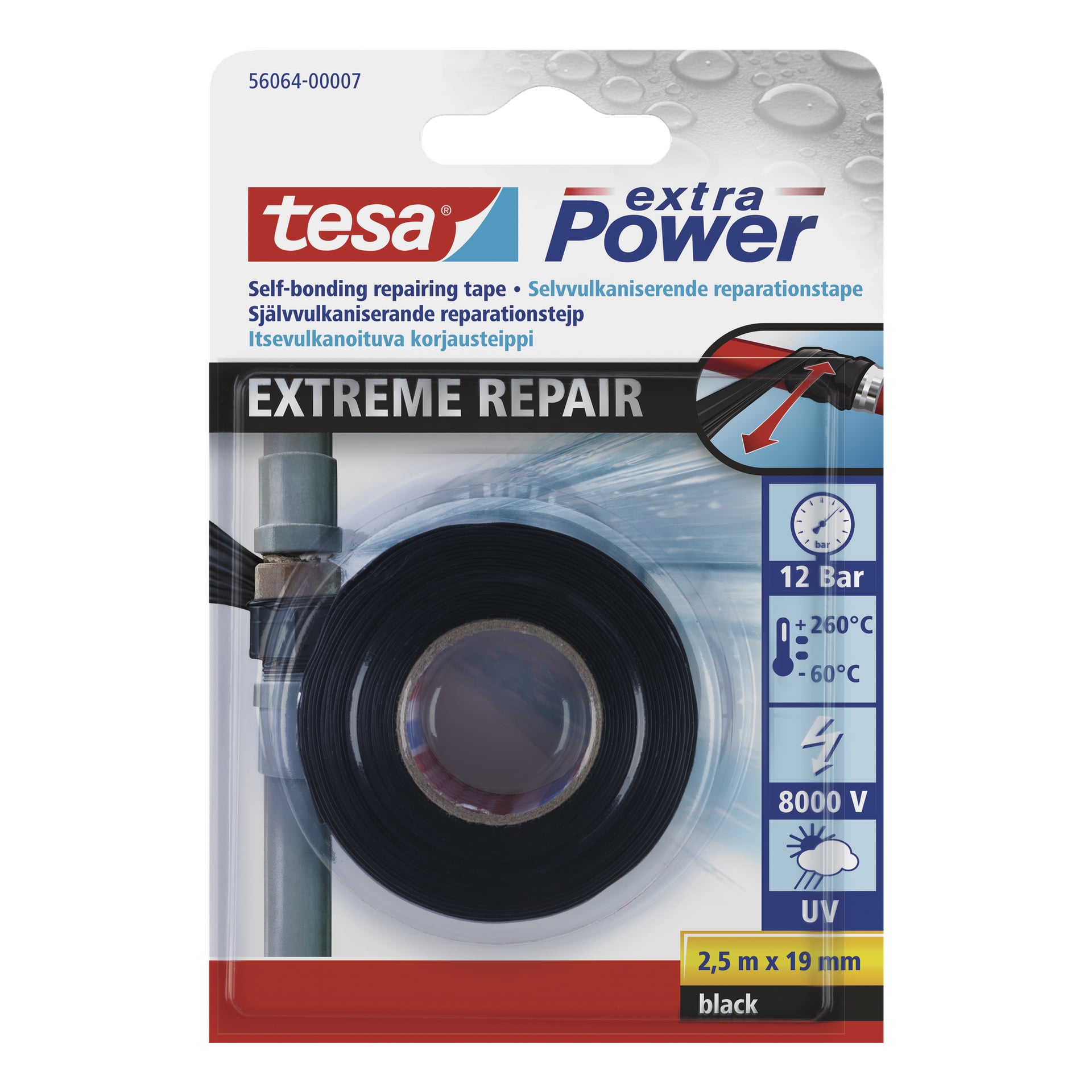 Ett tesa Extreme Repair-tejppaket visar en rulle svart tejp tillsammans med ikoner som anger dess egenskaper: tryckbeständighet upp till 12 bar, temperaturtolerans från -60°C till 260°C, elektrisk isolering upp till 8000V, UV-beständighet och dimensioner på 2,5 meter gånger 19 millimeter.