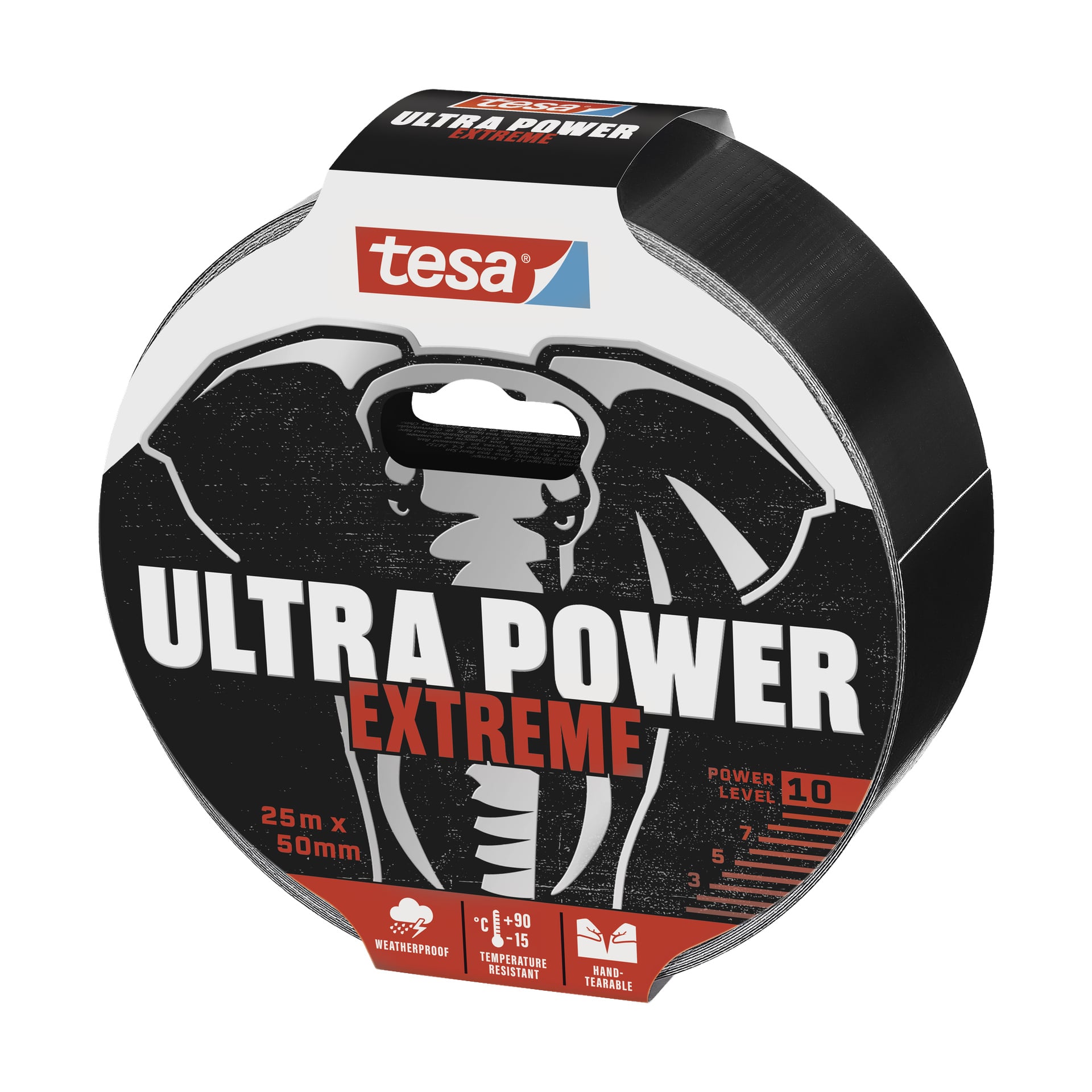 En rulle tesa Repair-tejp Ultra Power Extreme, 25m x 50mm, visas i svart förpackning med en elefantgrafik. Etiketten anger tejpens vattentäta och temperaturbeständiga egenskaper, samt dess förmåga att rivas för hand.