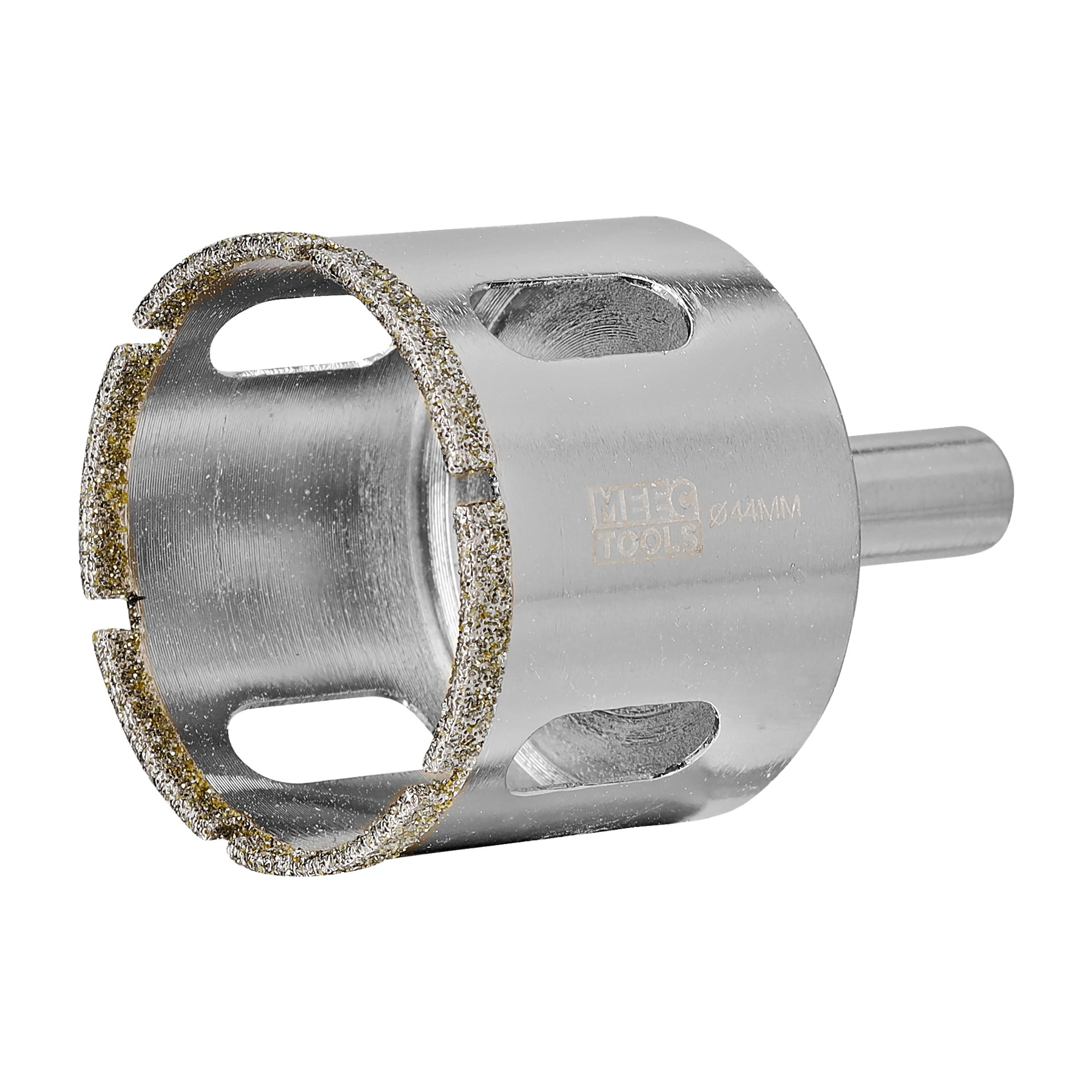 Närbild av Meec Tools diamanthålsåg, som visar dess diamantbelagda egg och synlig 44 mm markering. Verktyget fångar ljuset och avslöjar flera sidoöppningar samt en cylindrisk skaft som passar att fästa på en borrmaskin.