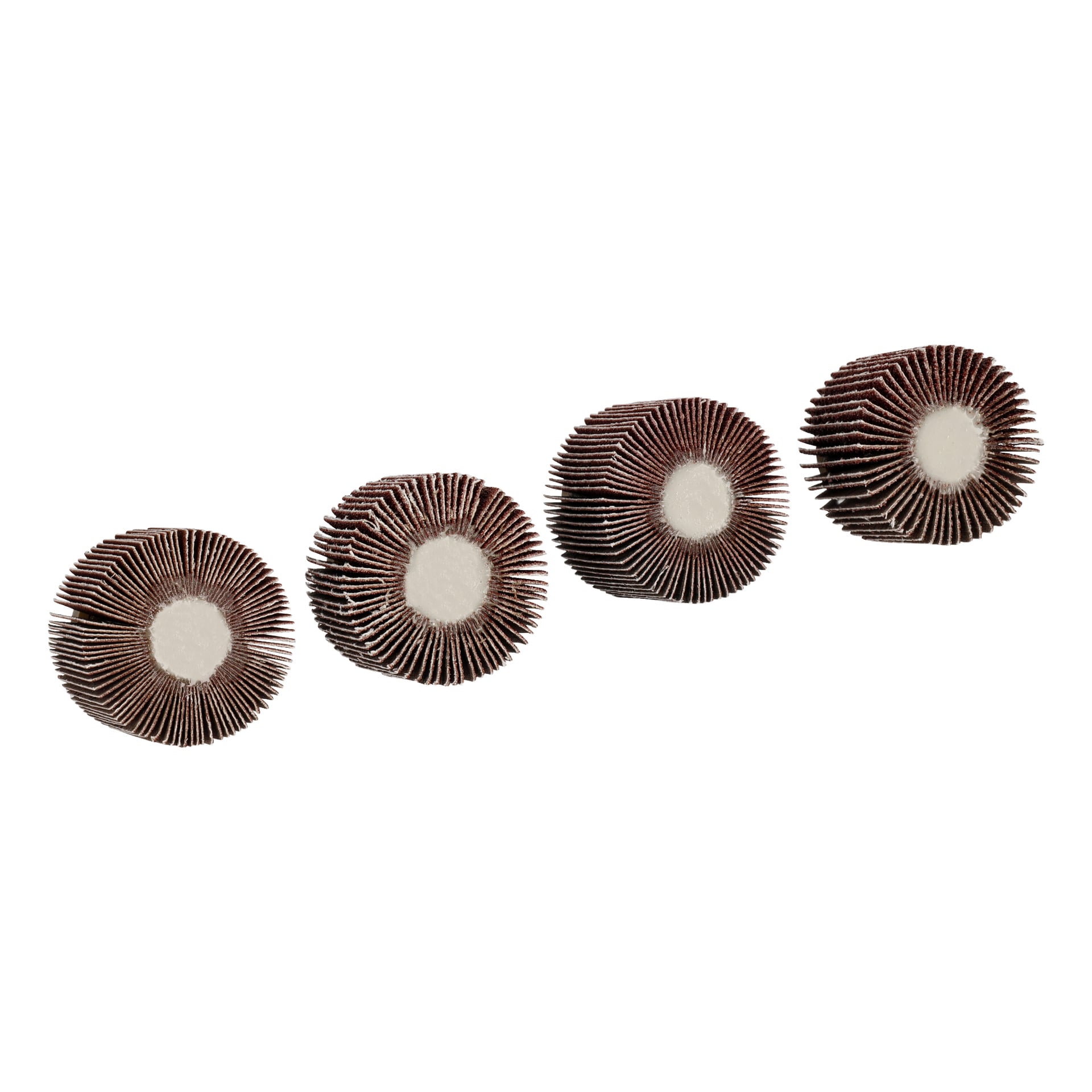 Vier runde, braune metallische Meec Tools Flap Wheels (Satz von 4) sind in einer Reihe aufgereiht und von oben zu sehen. Jedes Rad hat zahlreiche dünne, gleichmäßig verteilte Flossen.